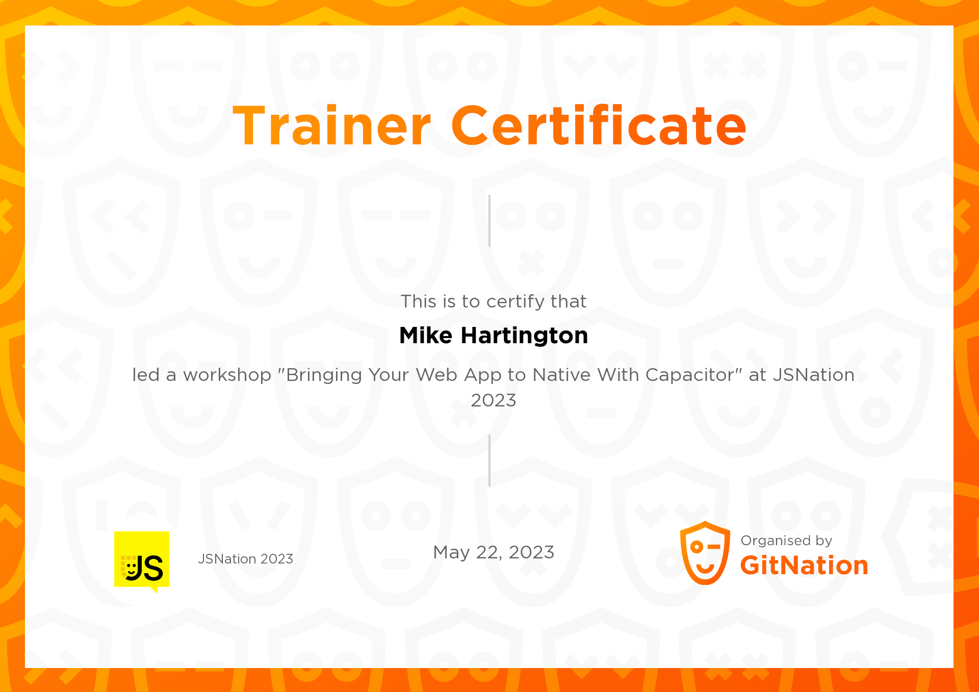 Mike Hartington's Certificate from JS Nation