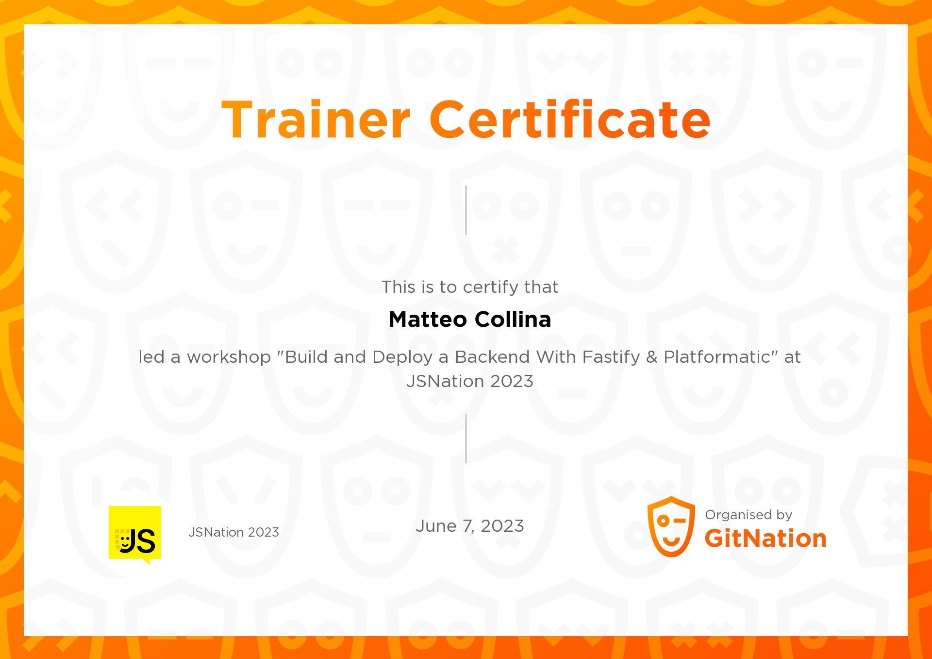 Matteo Collina's Certificate from JS Nation