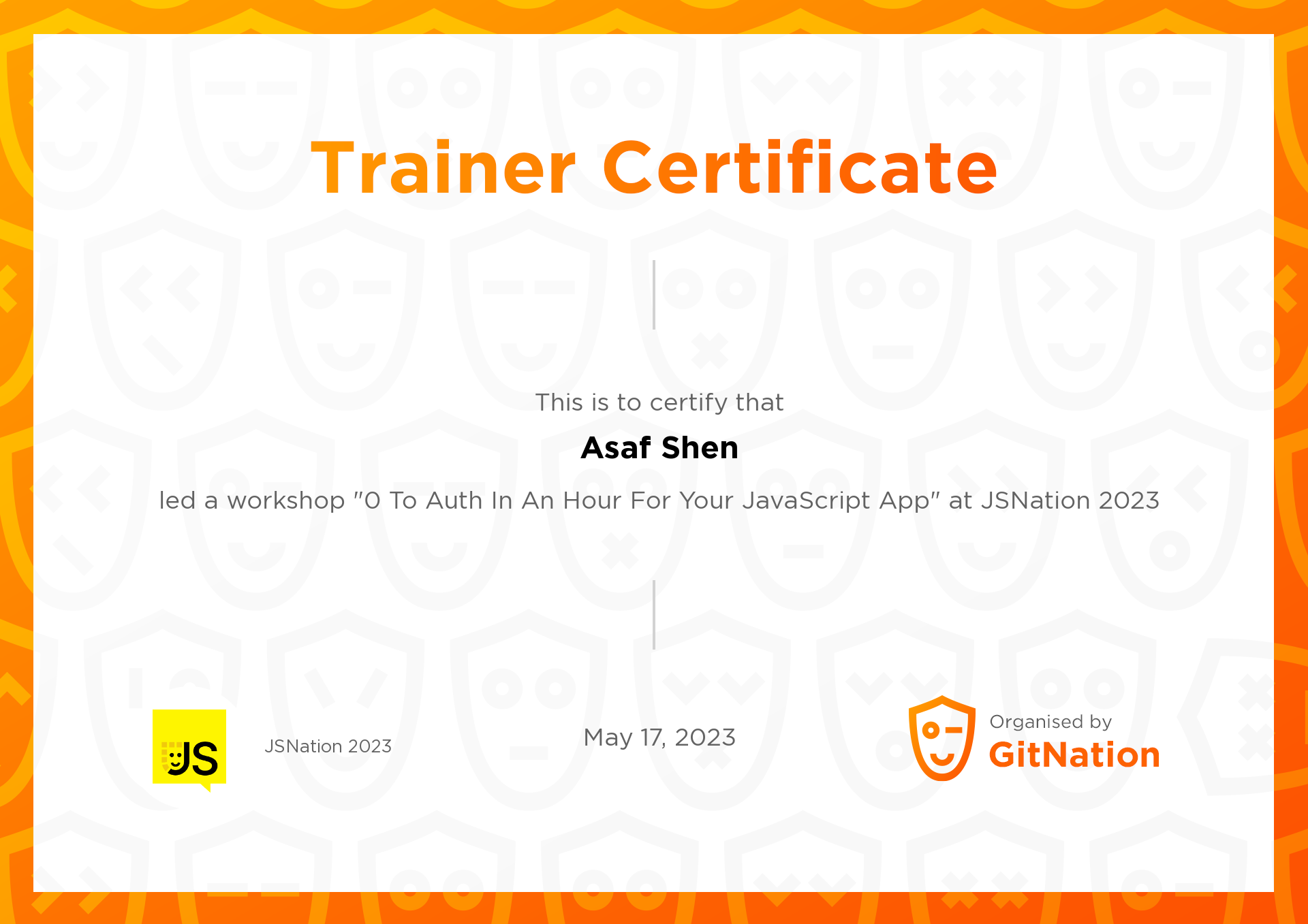 Asaf Shen's Certificate from JS Nation