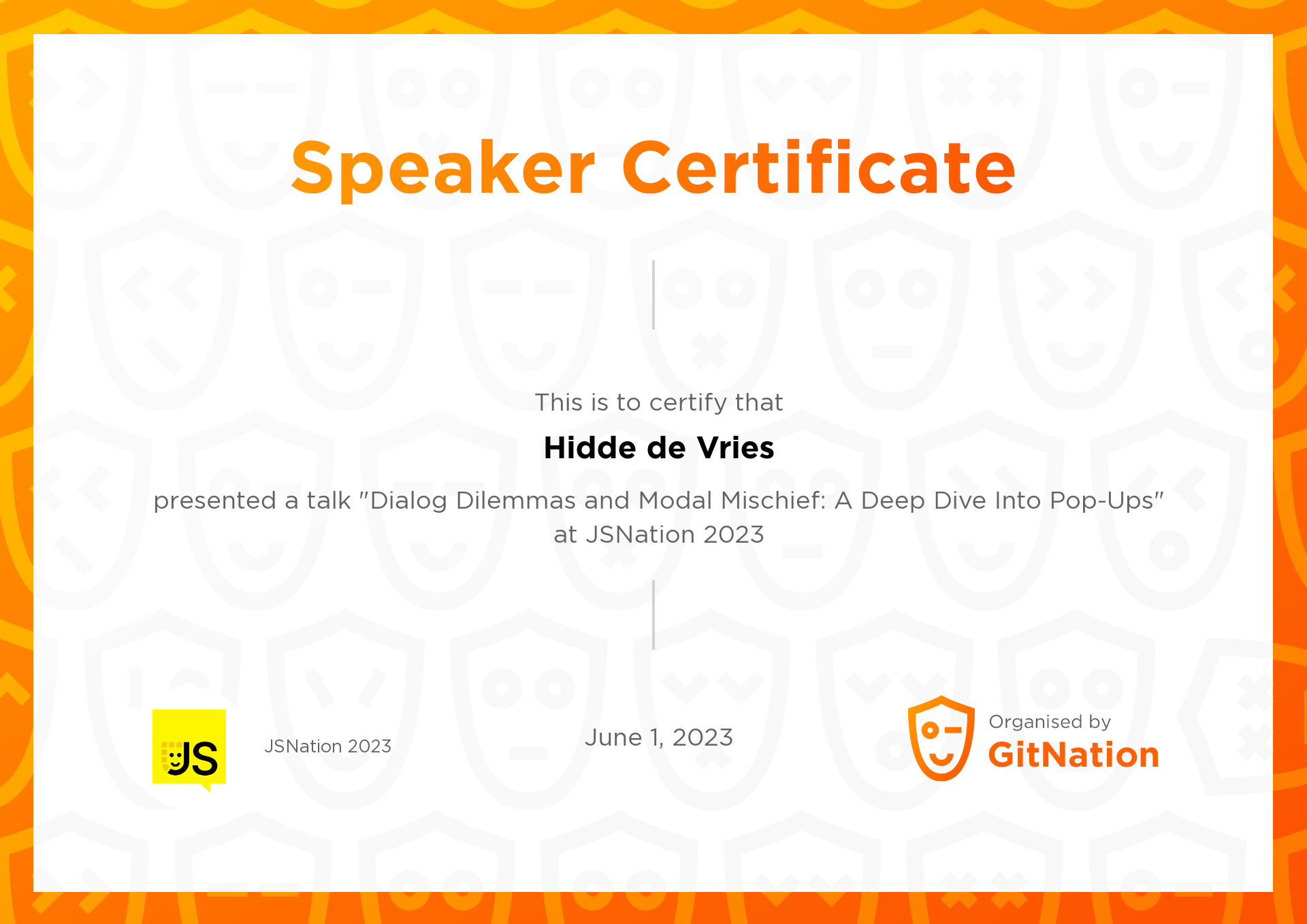 Hidde de Vries's Certificate from JS Nation