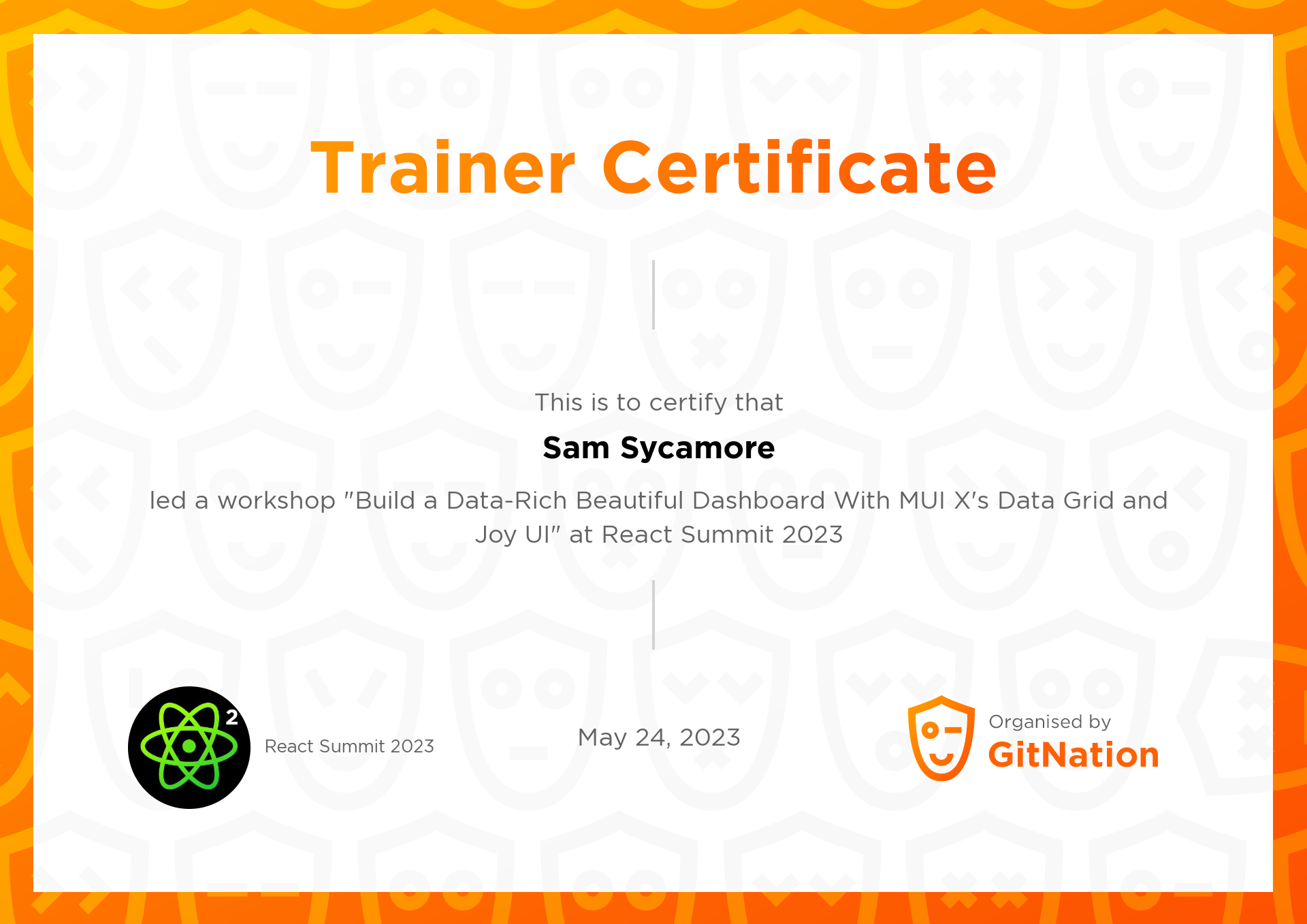 Sam Sycamore's Certificate from React Summit