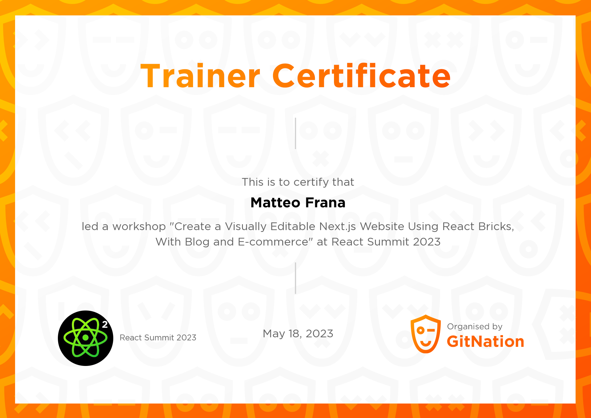 Matteo Frana's Certificate from React Summit