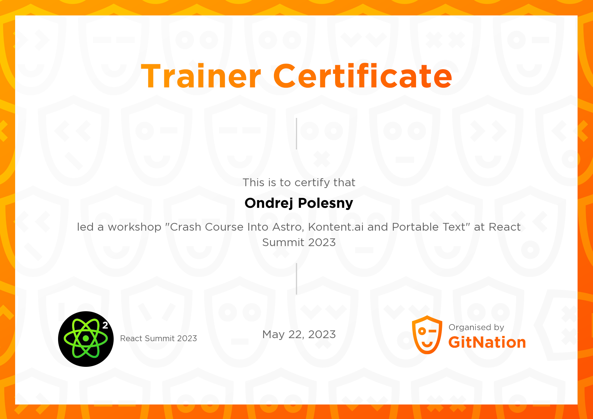 Ondrej Polesny's Certificate from React Summit