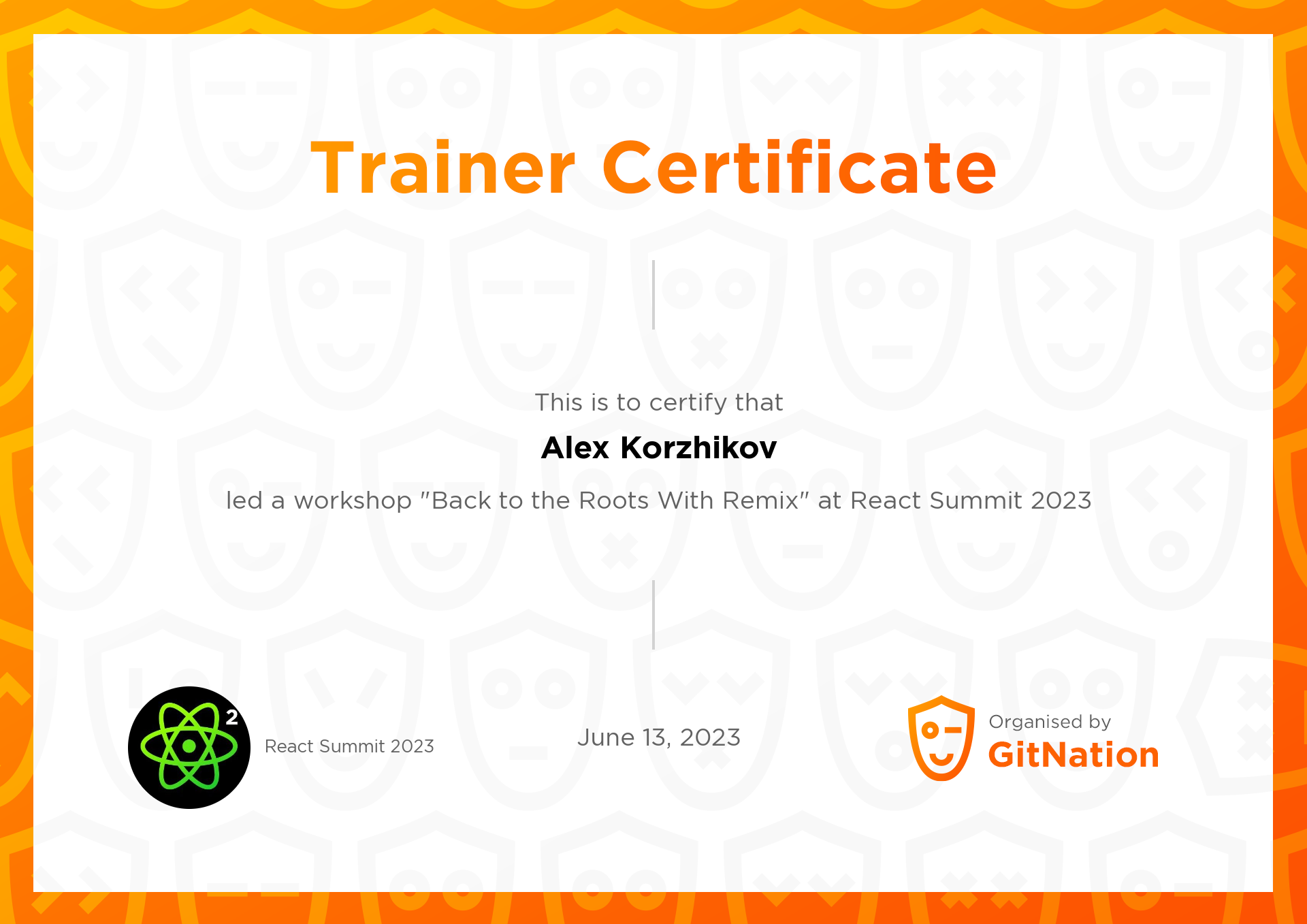 Alex Korzhikov's Certificate from React Summit