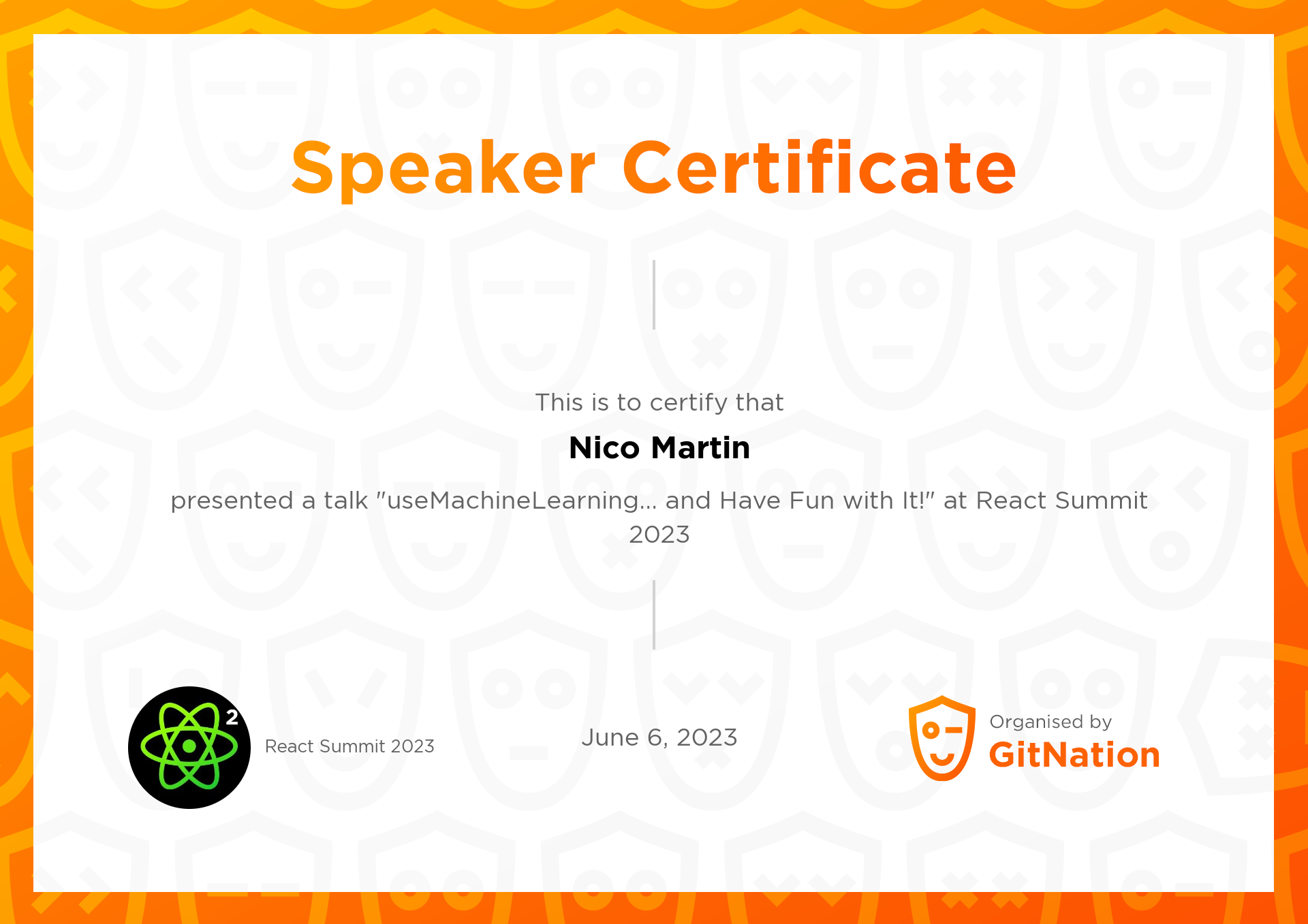 Nico Martin's Certificate from React Summit