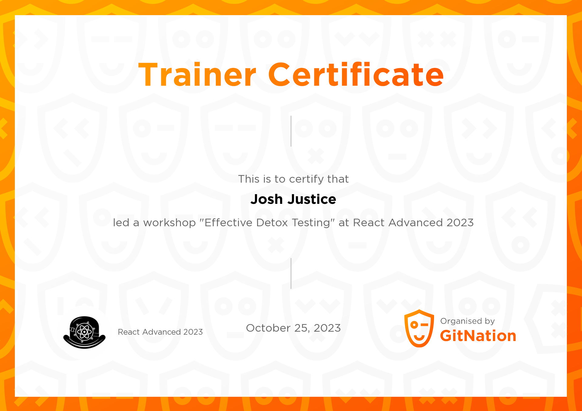 Josh Justice's Certificate from React Advanced