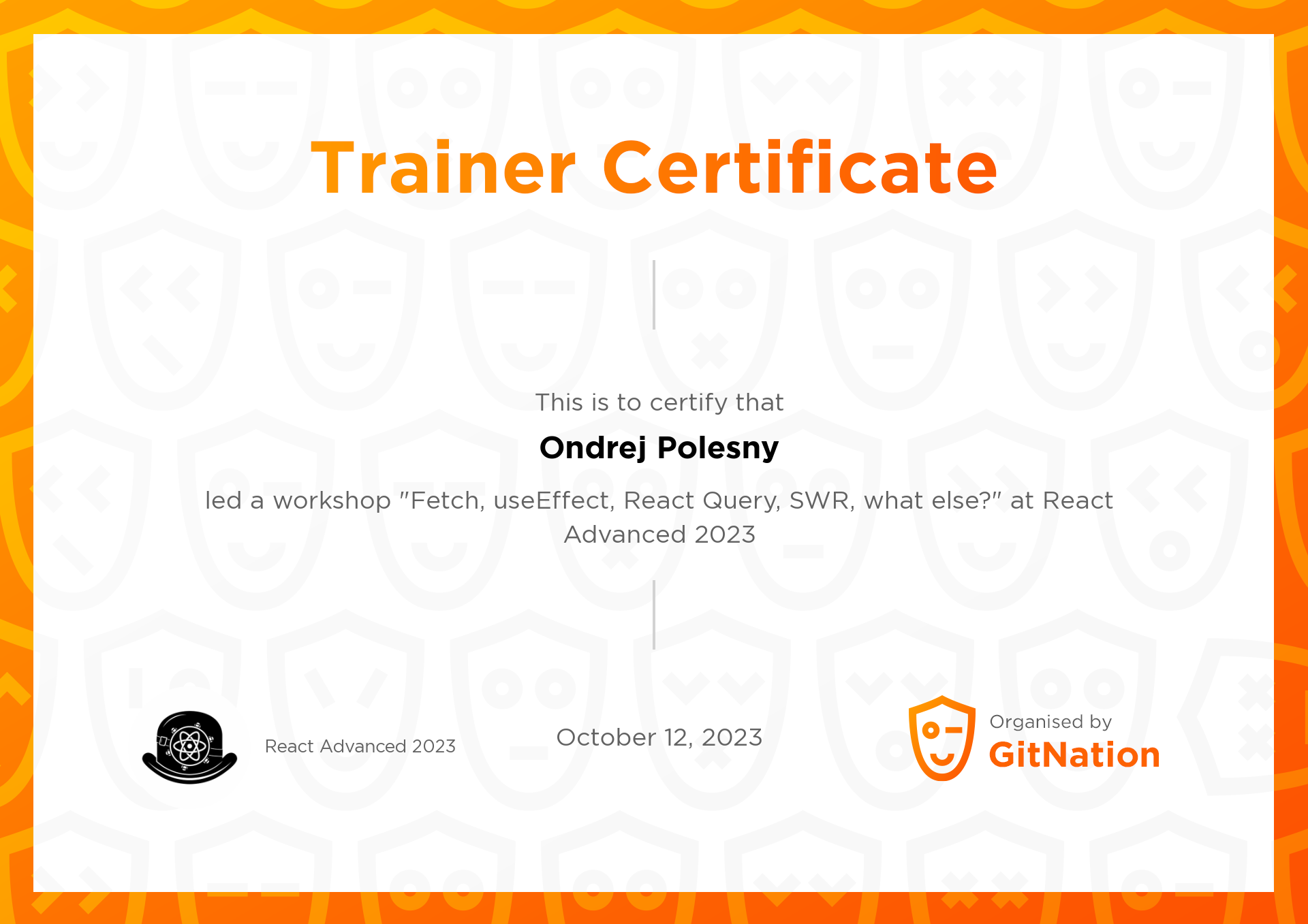 Ondrej Polesny's Certificate from React Advanced