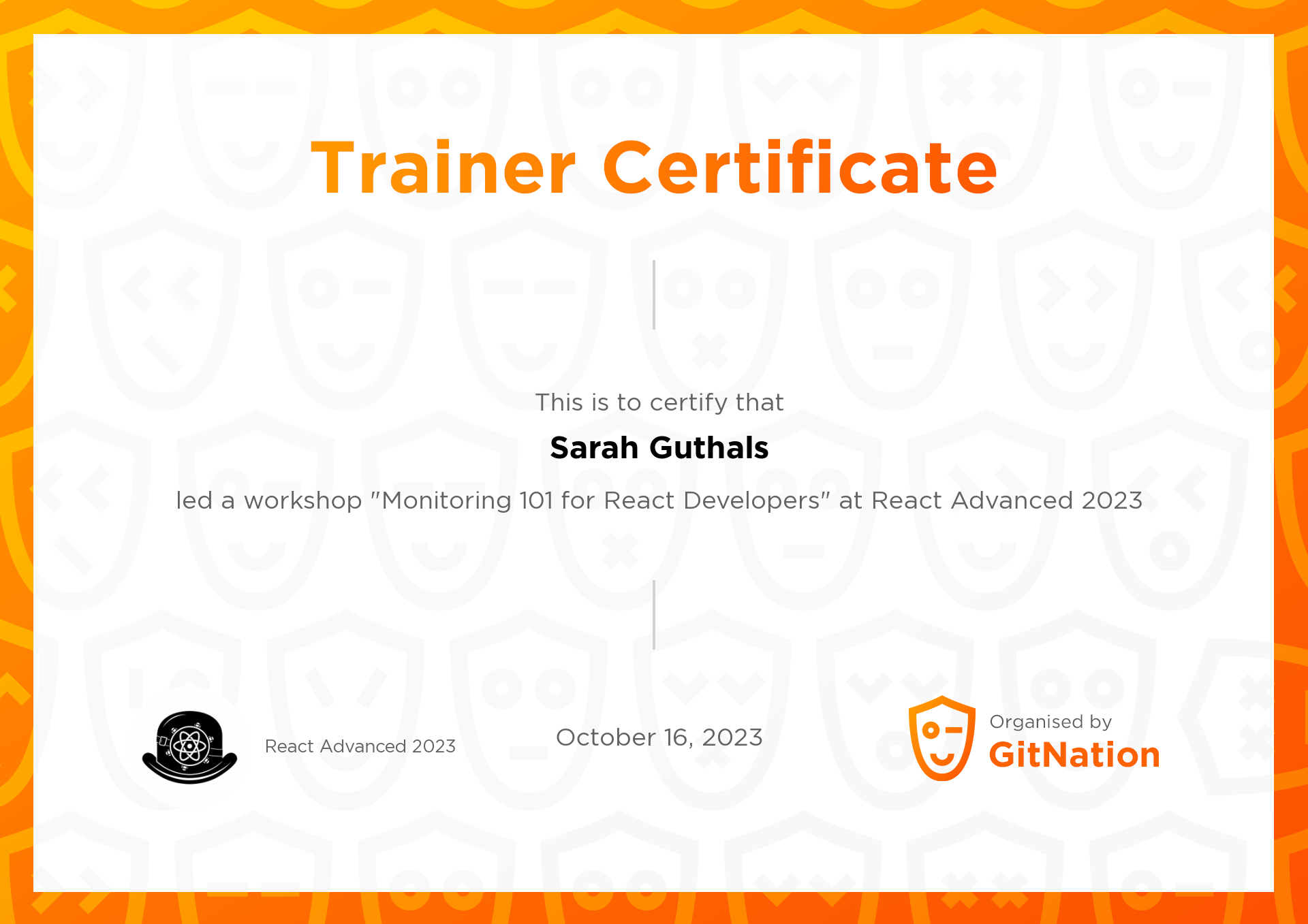 Sarah Guthals's Certificate from React Advanced