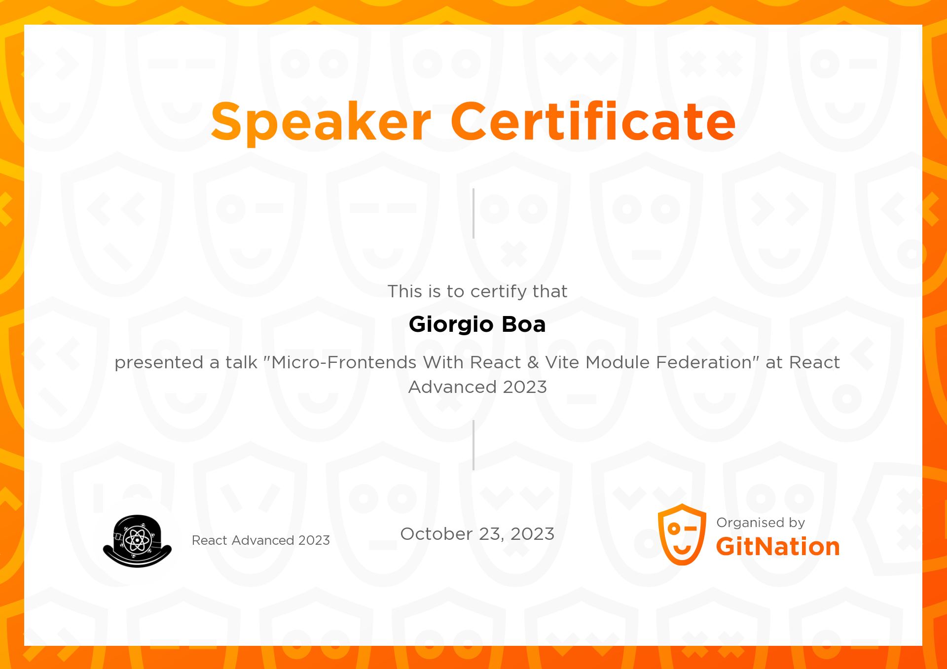 Giorgio Boa's Certificate from React Advanced