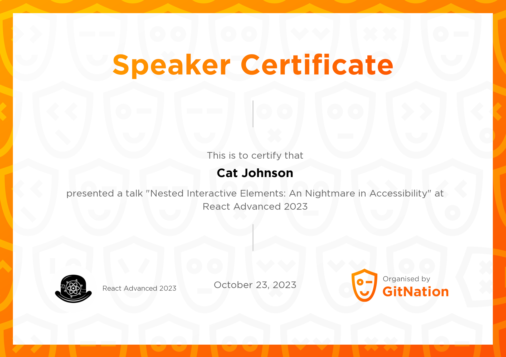 Cat Johnson's Certificate from React Advanced