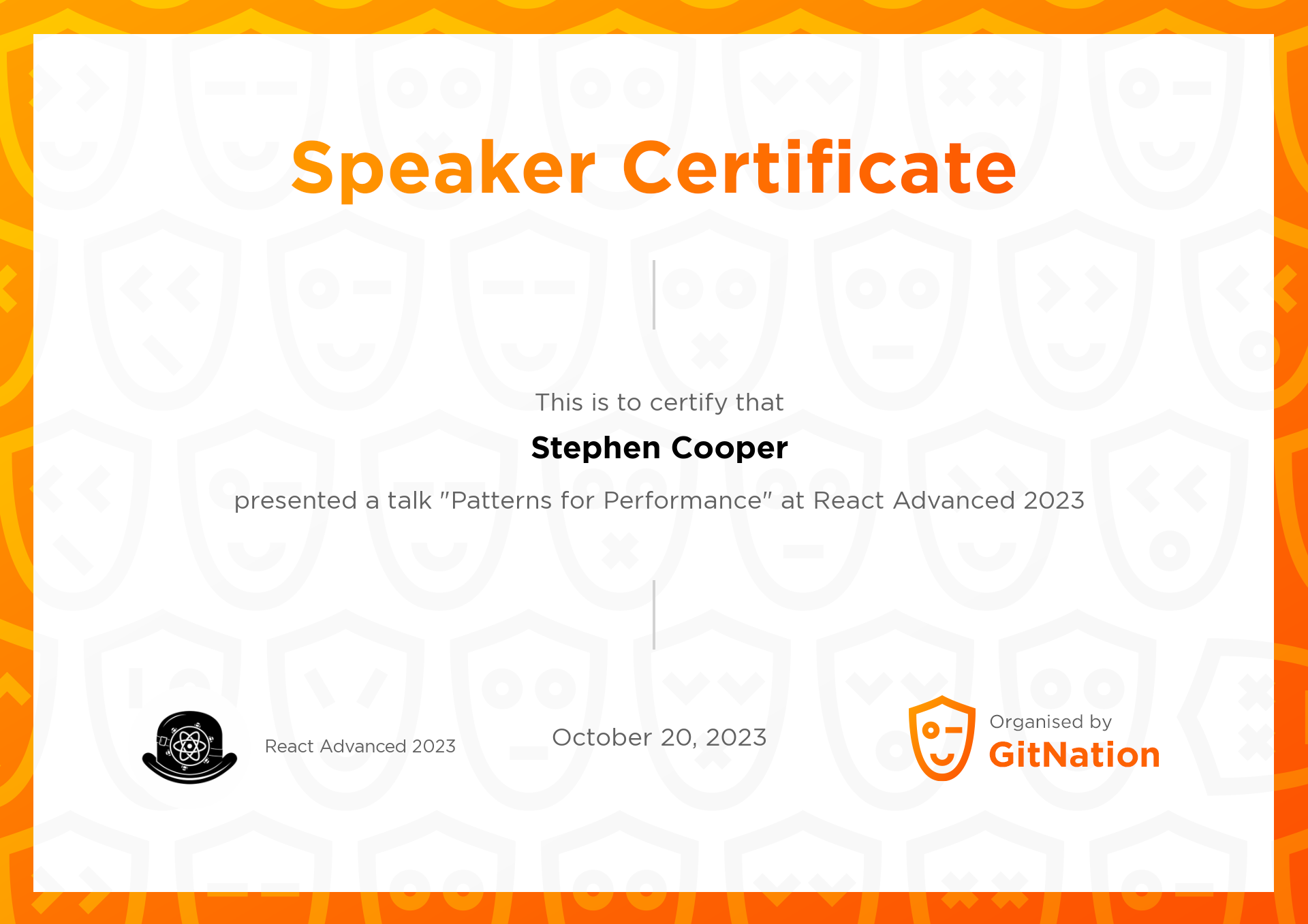 Stephen Cooper's Certificate from React Advanced