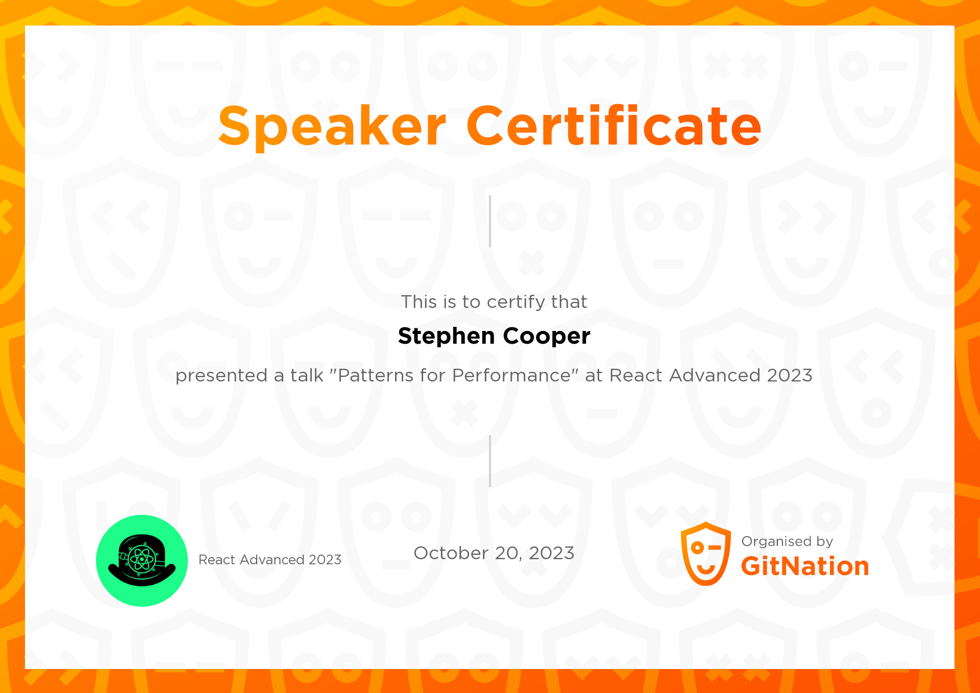 Stephen Cooper's Certificate from React Advanced