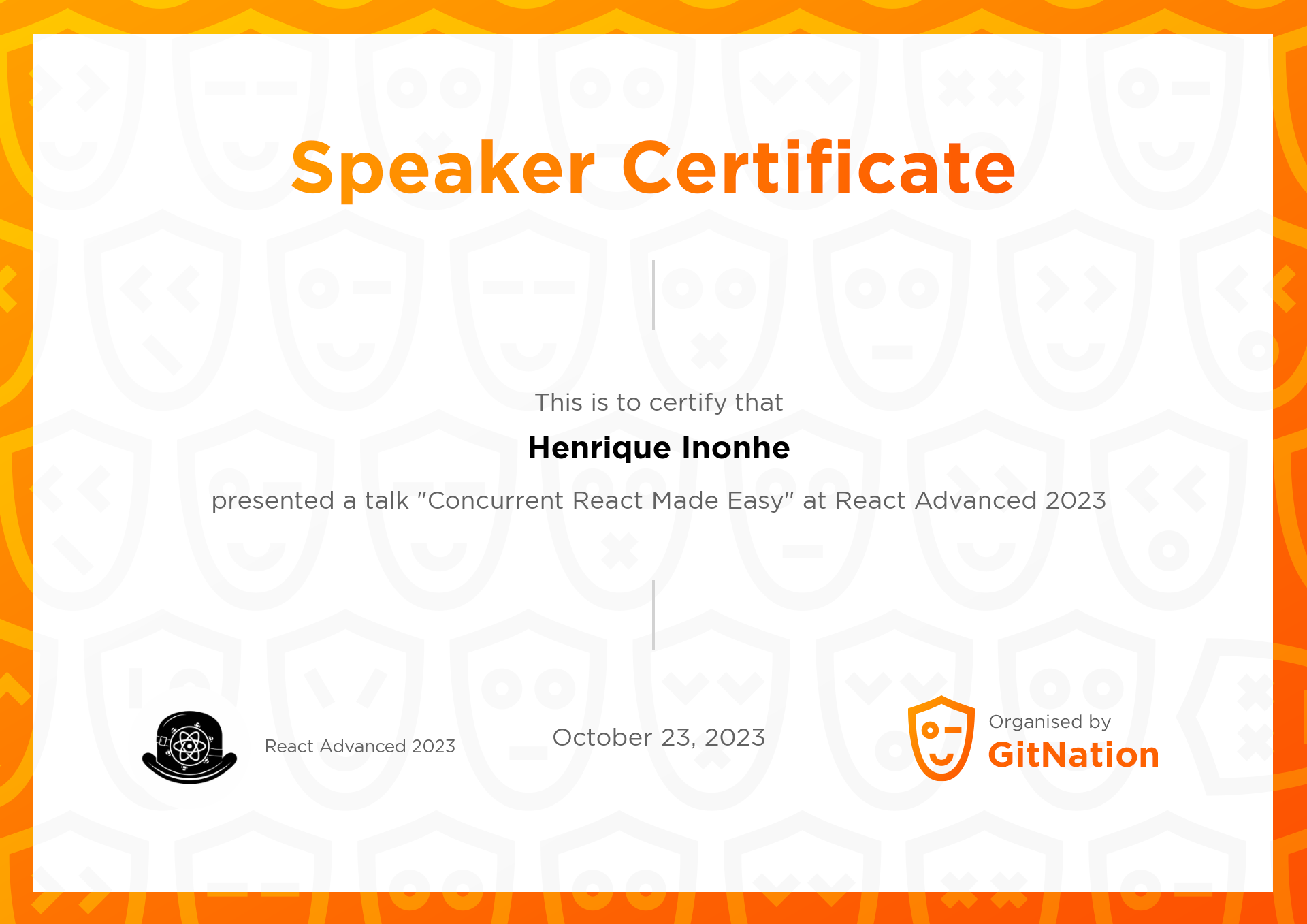 Henrique Inonhe's Certificate from React Advanced