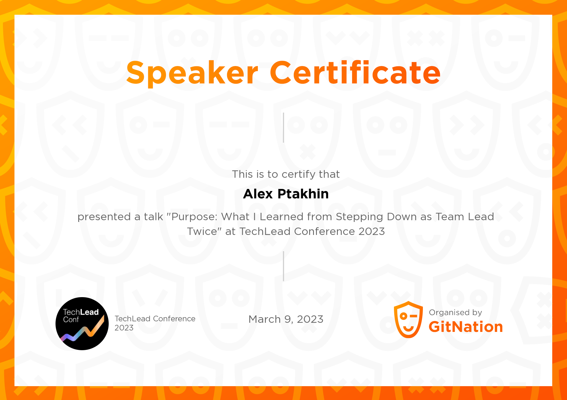 Alex Ptakhin's Certificate from TechLead Conference