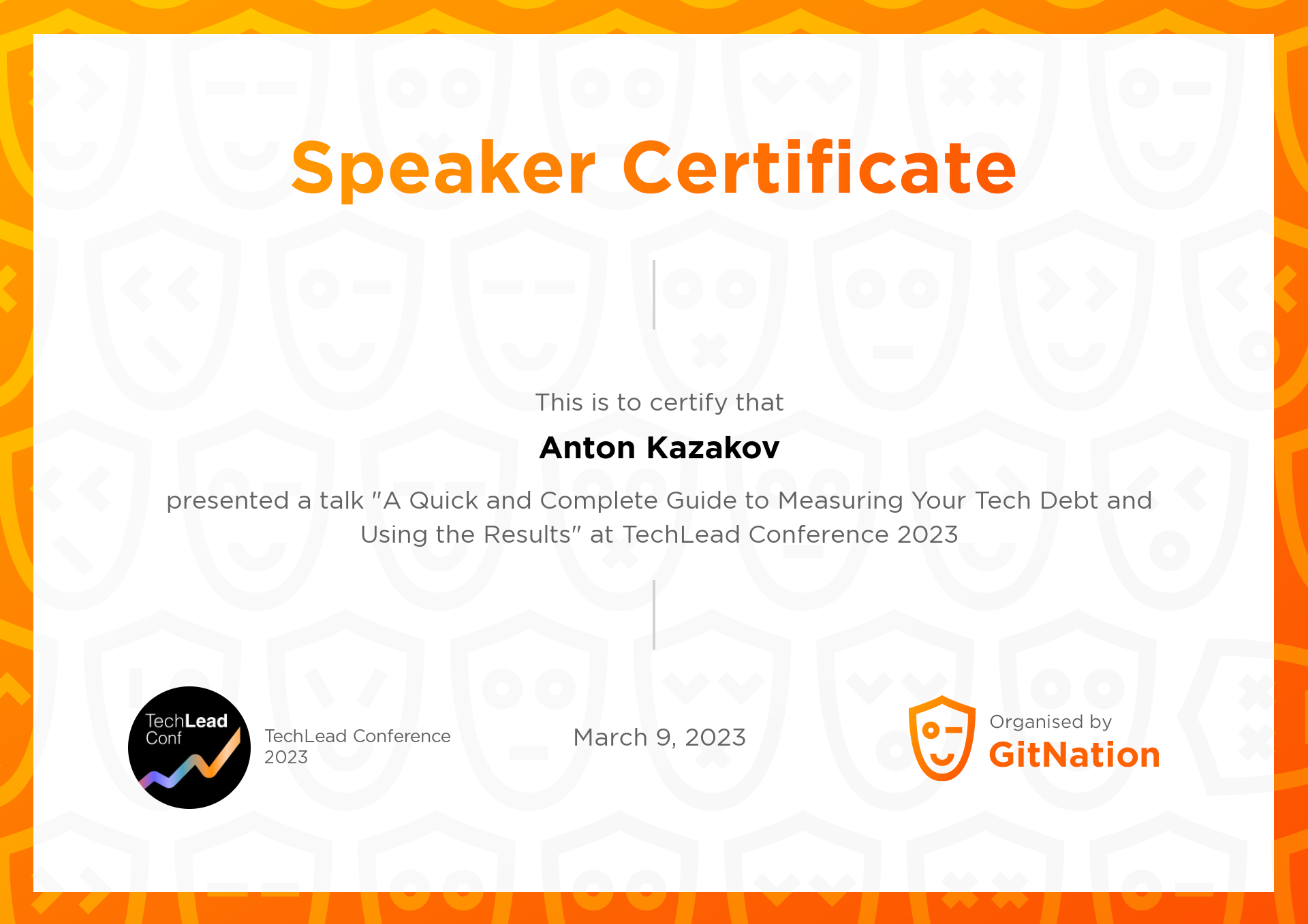 Anton Kazakov's Certificate from TechLead Conference