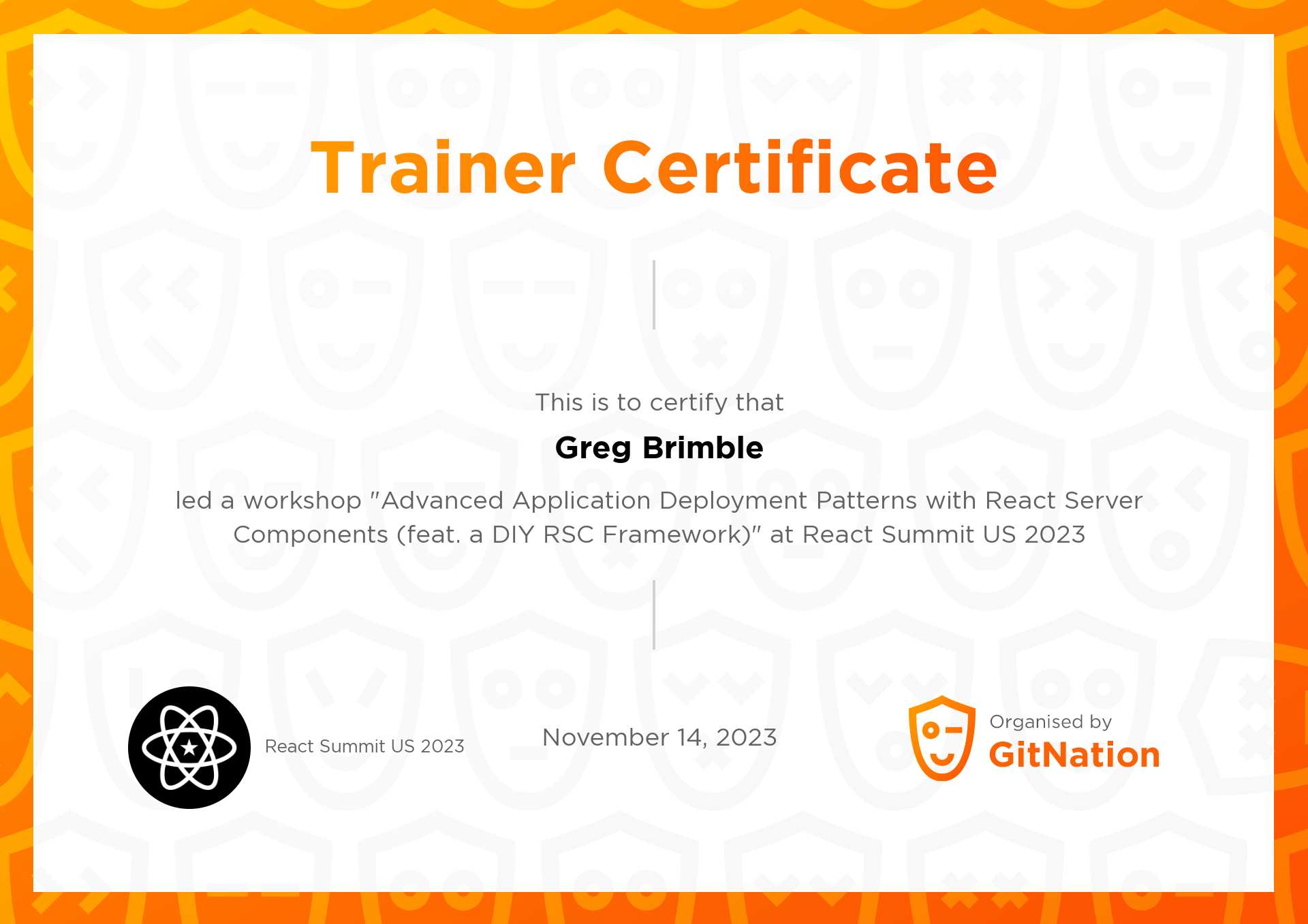  Greg Brimble's Certificate from React Summit US