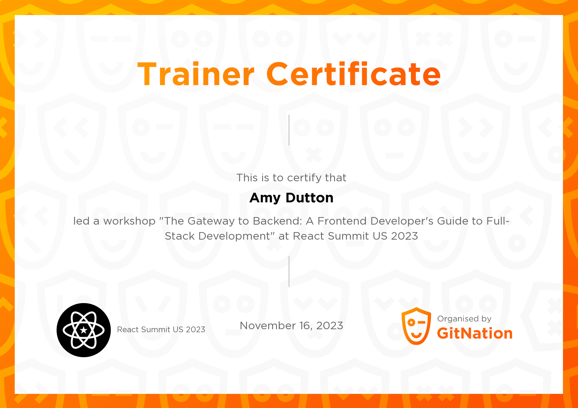 Amy Dutton's Certificate from React Summit US