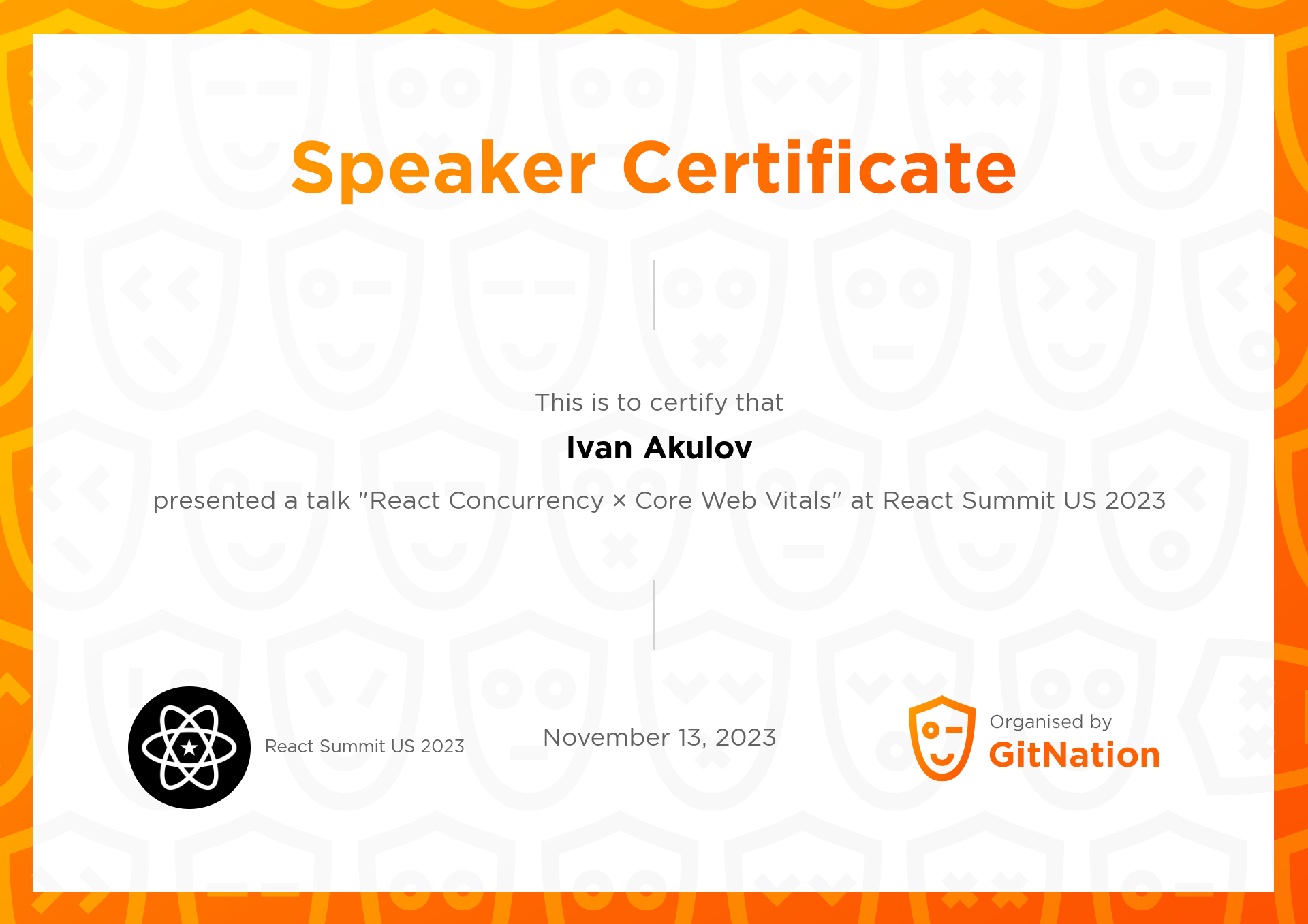 Ivan Akulov's Certificate from React Summit US