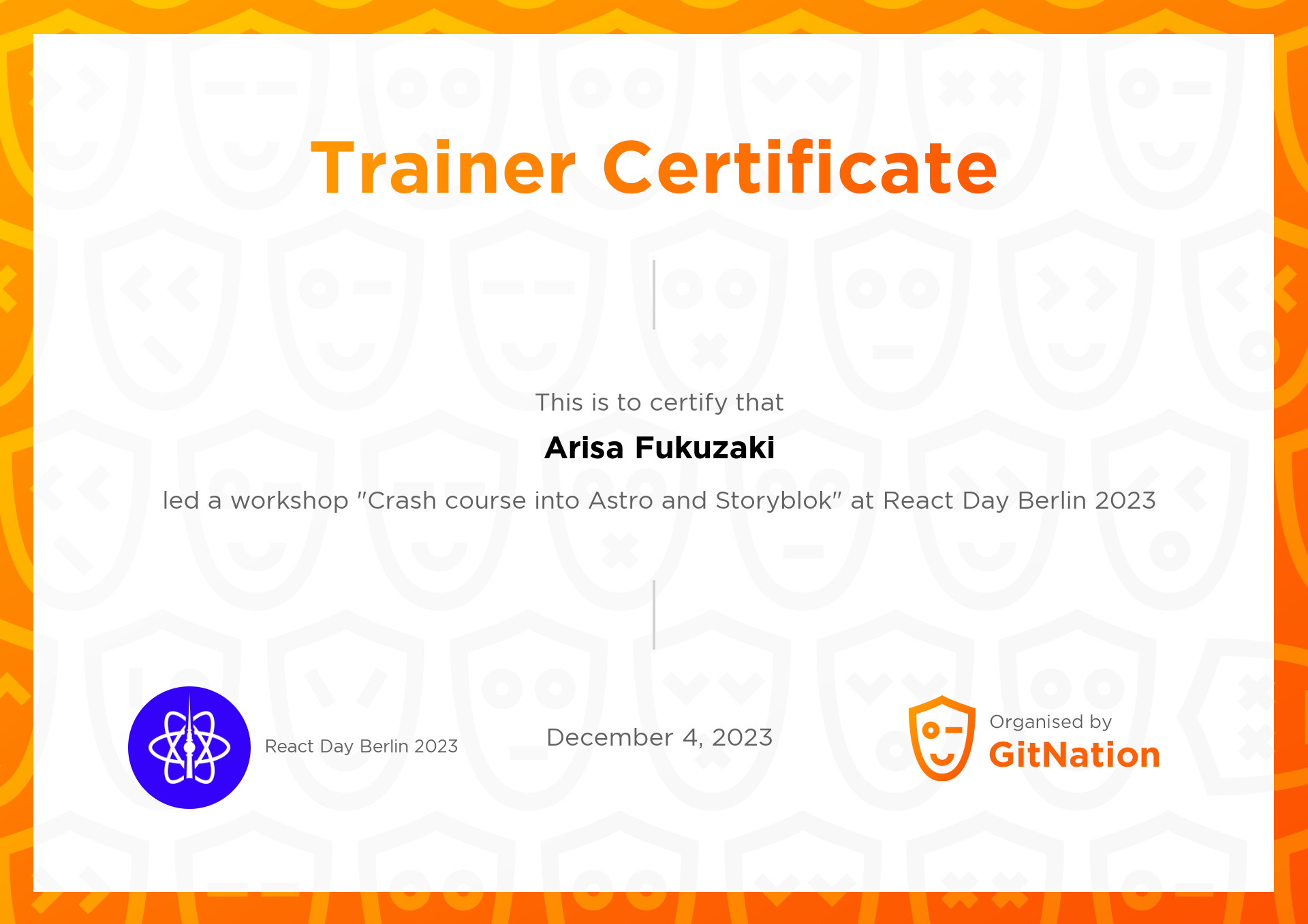 Arisa Fukuzaki's Certificate from React Day Berlin