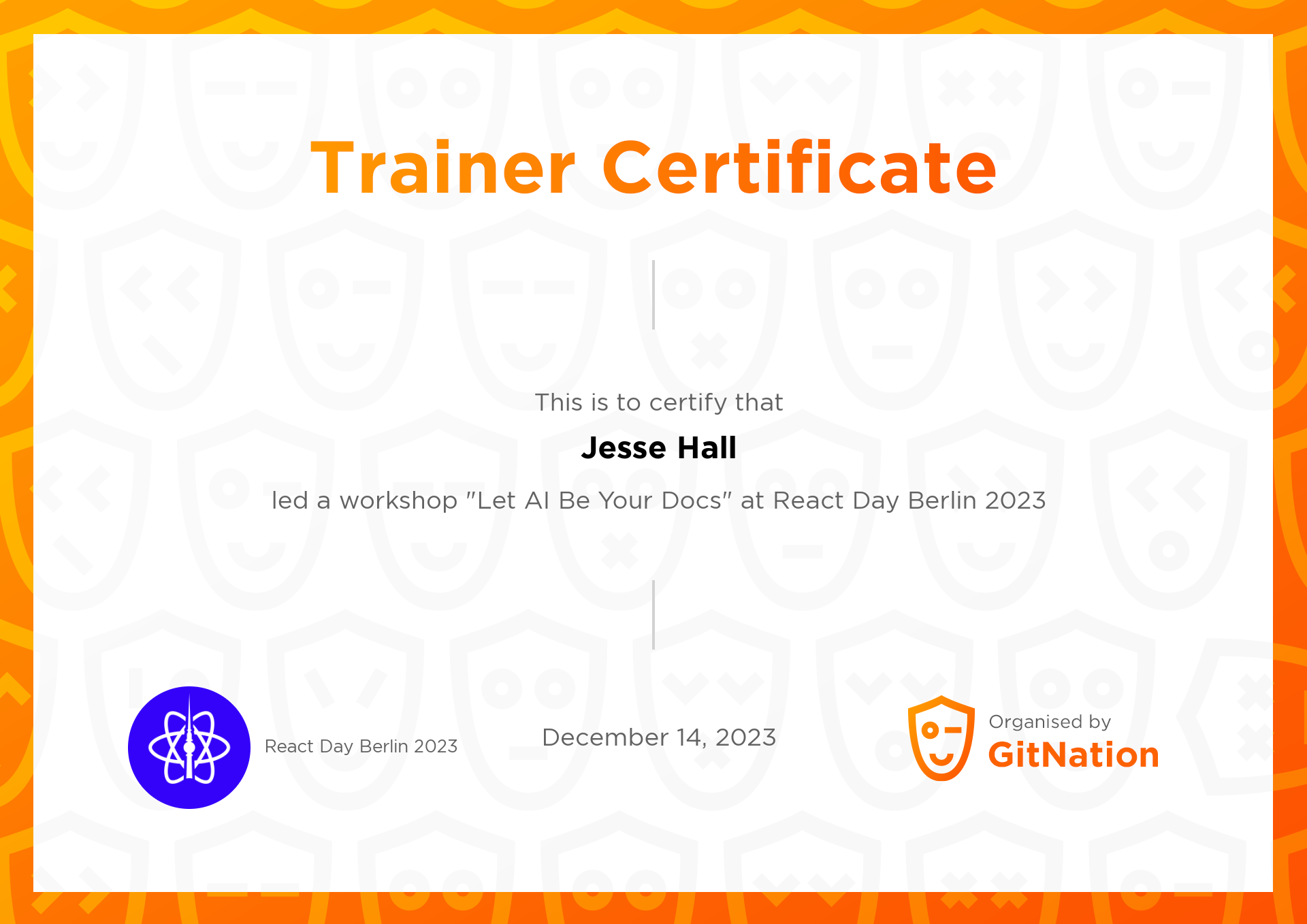 Jesse Hall's Certificate from React Day Berlin