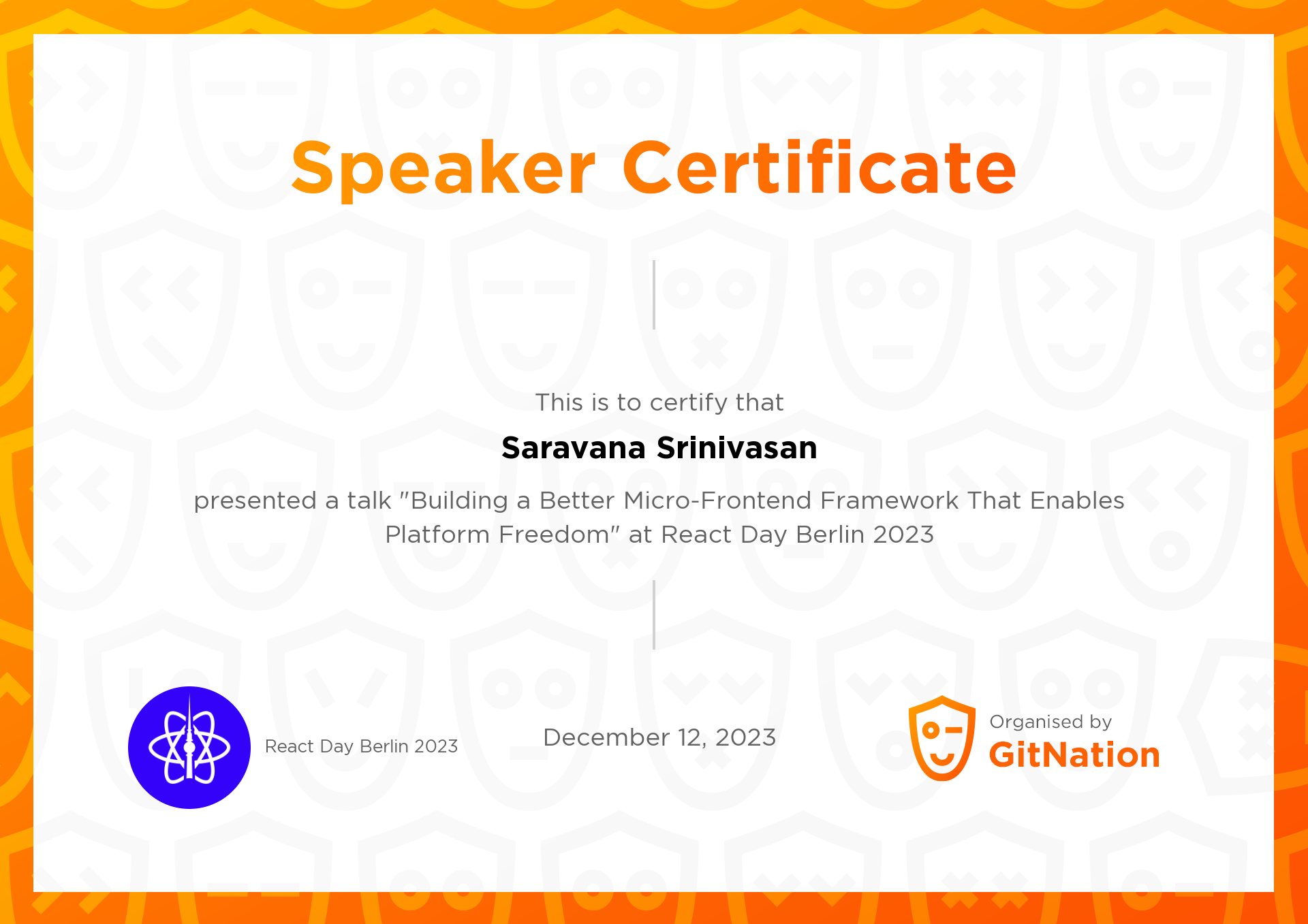 Saravana Srinivasan's Certificate from React Day Berlin