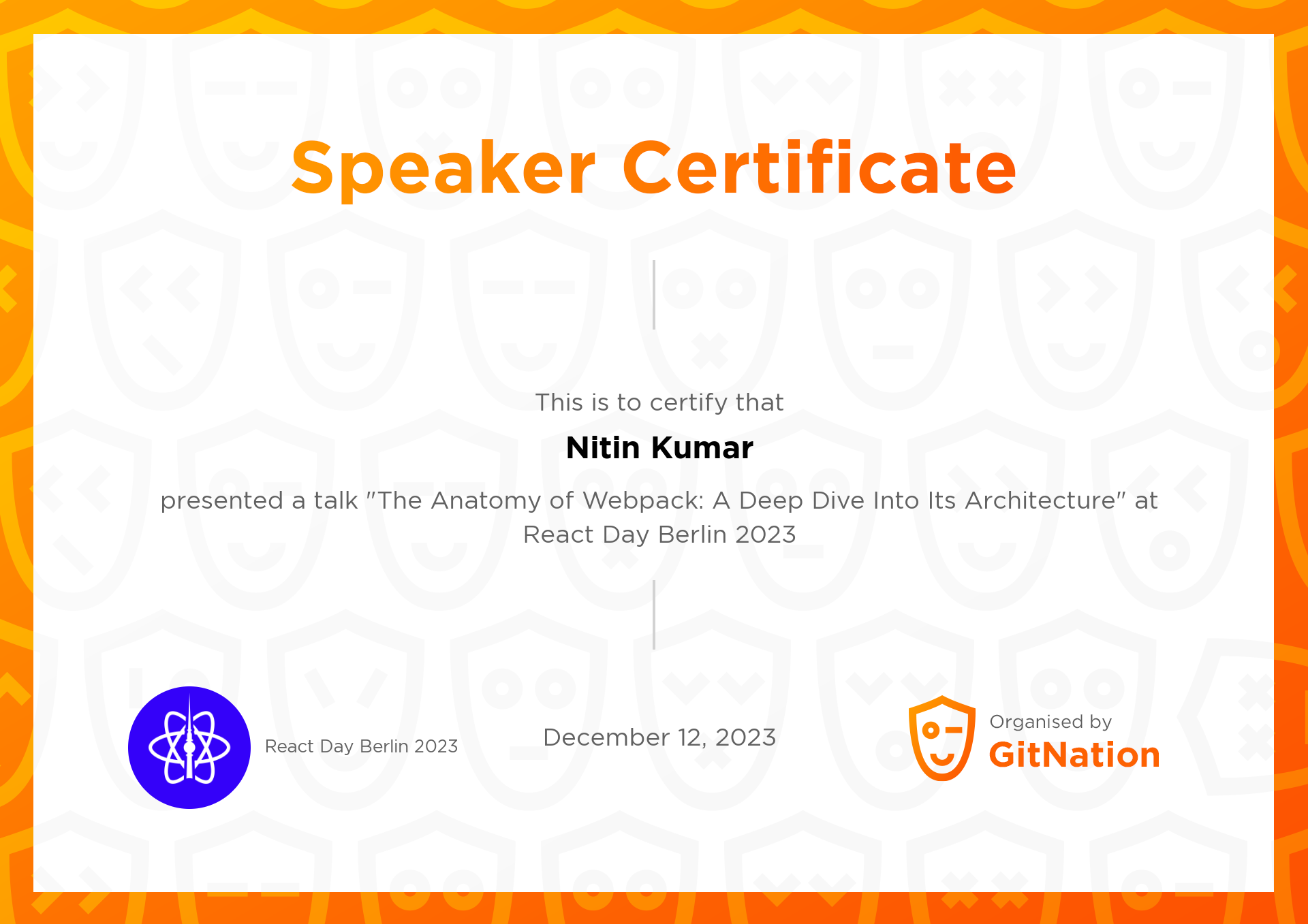 Nitin Kumar's Certificate from React Day Berlin