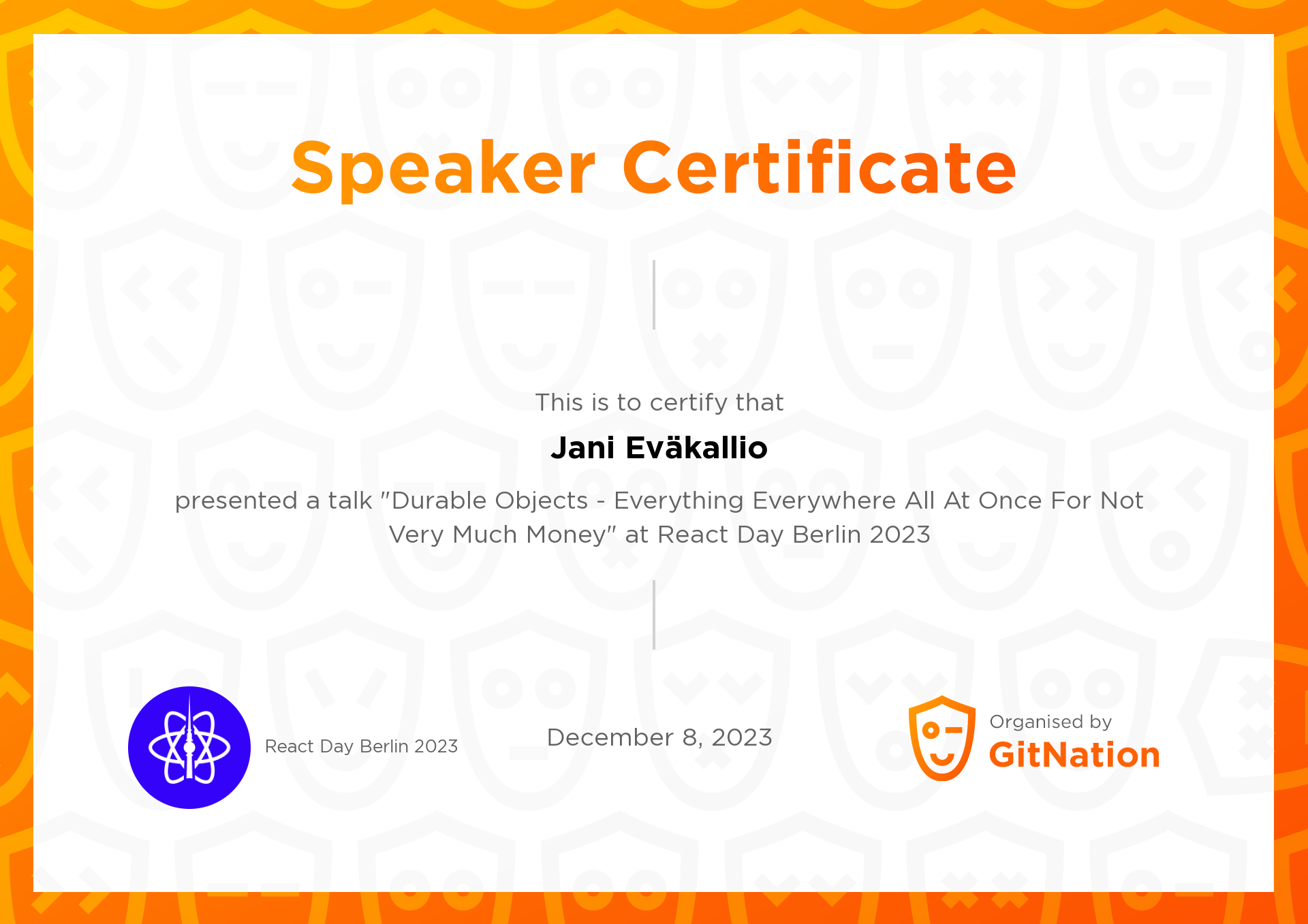 Jani Eväkallio's Certificate from React Day Berlin