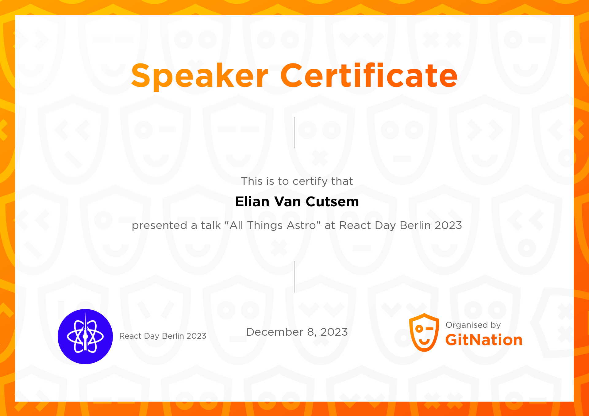 Elian Van Cutsem's Certificate from React Day Berlin