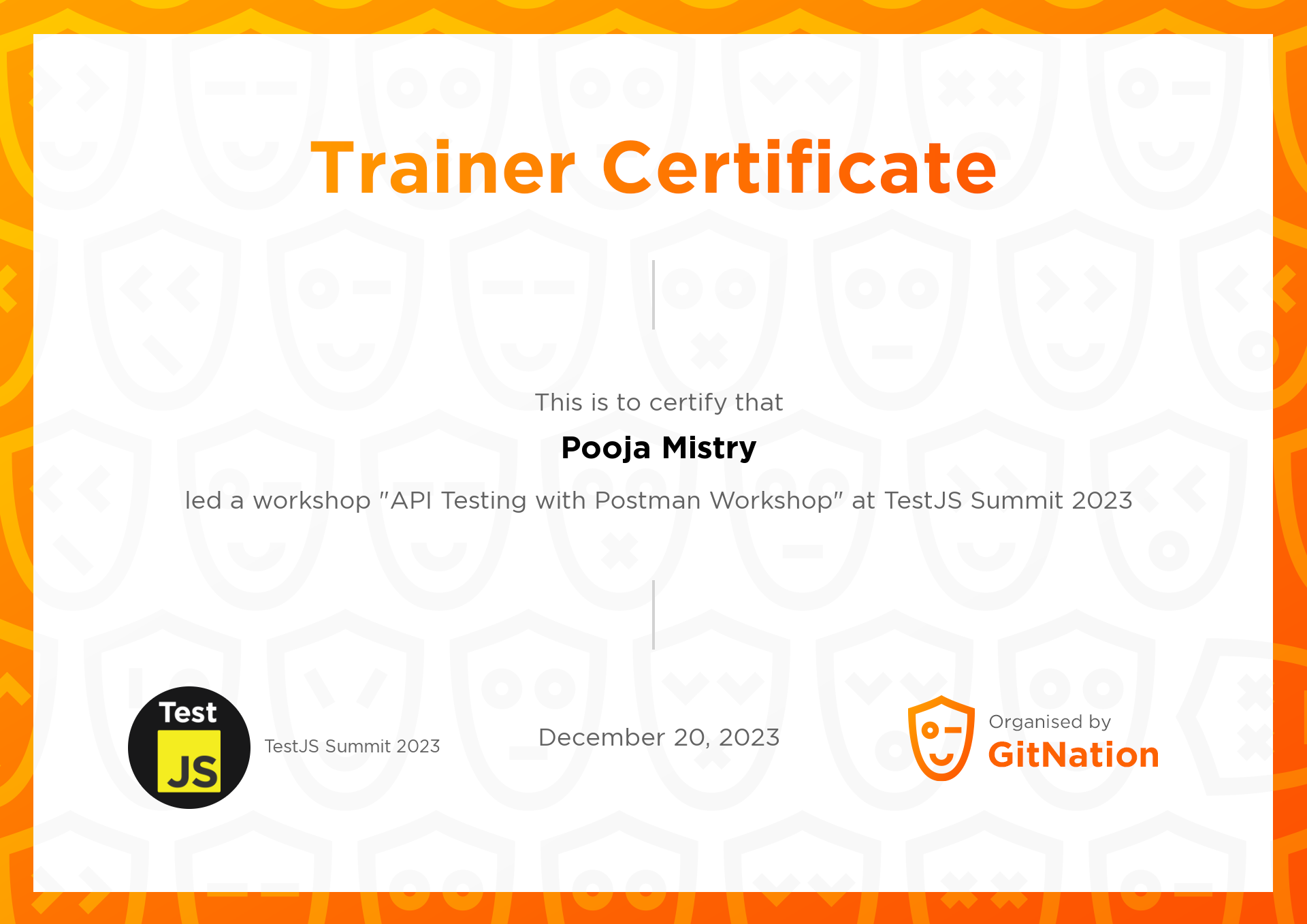 Pooja Mistry's Certificate from TestJS Summit