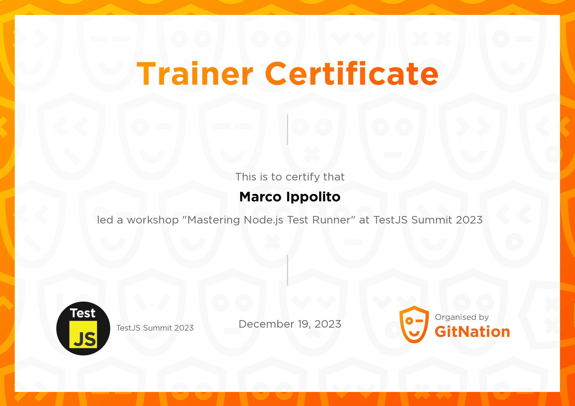 Marco Ippolito's Certificate from TestJS Summit