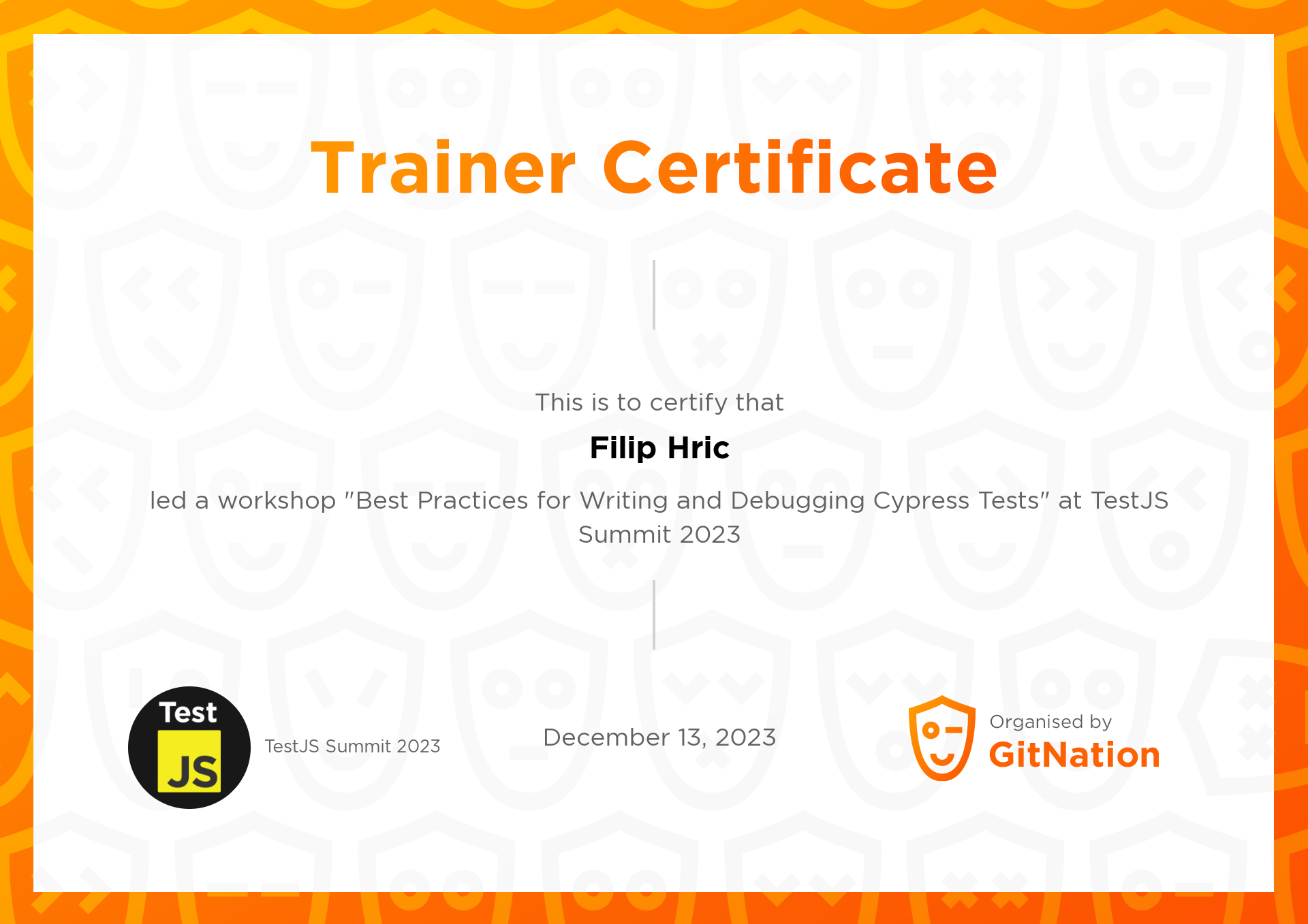 Filip Hric's Certificate from TestJS Summit