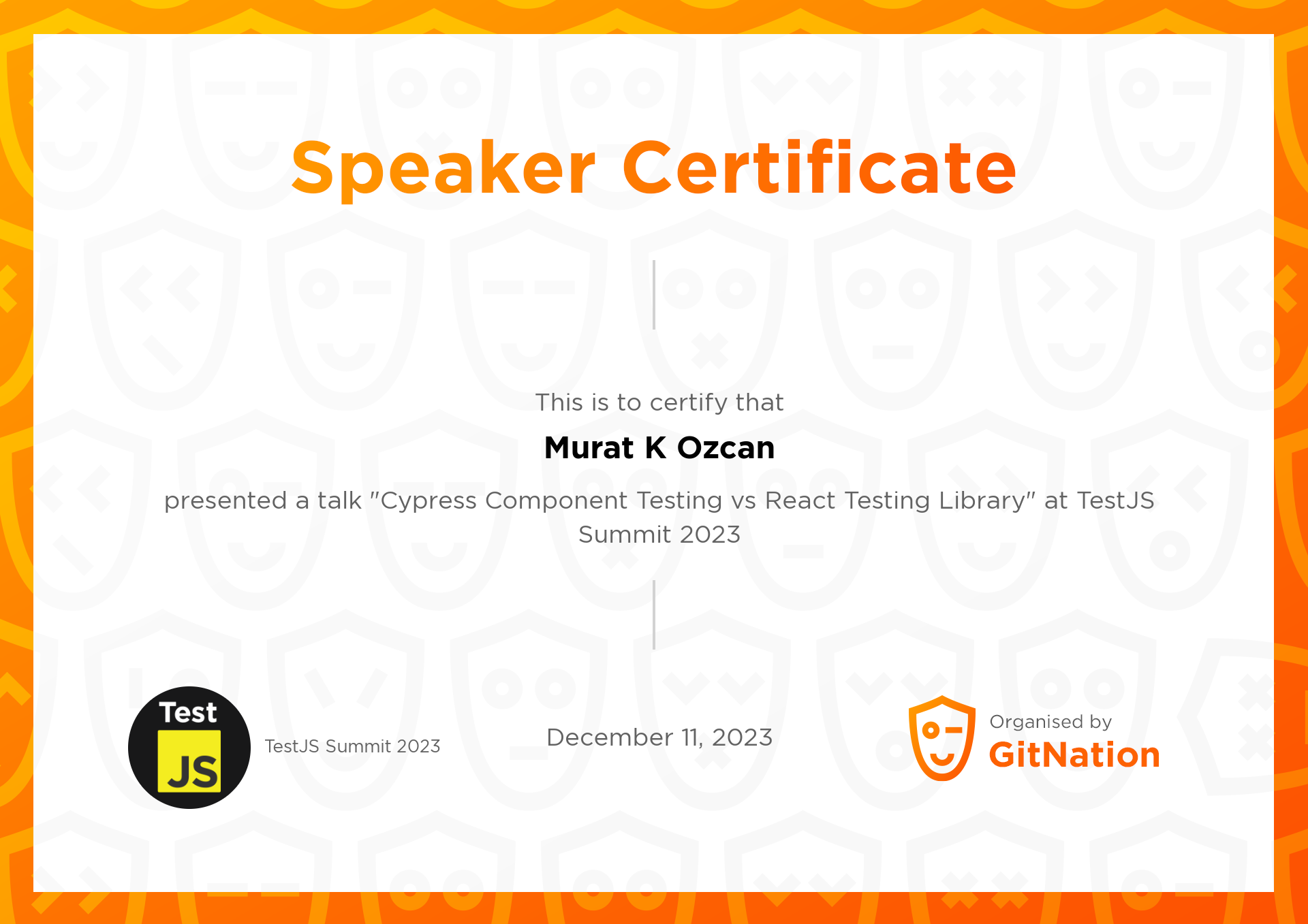 Murat K Ozcan's Certificate from TestJS Summit