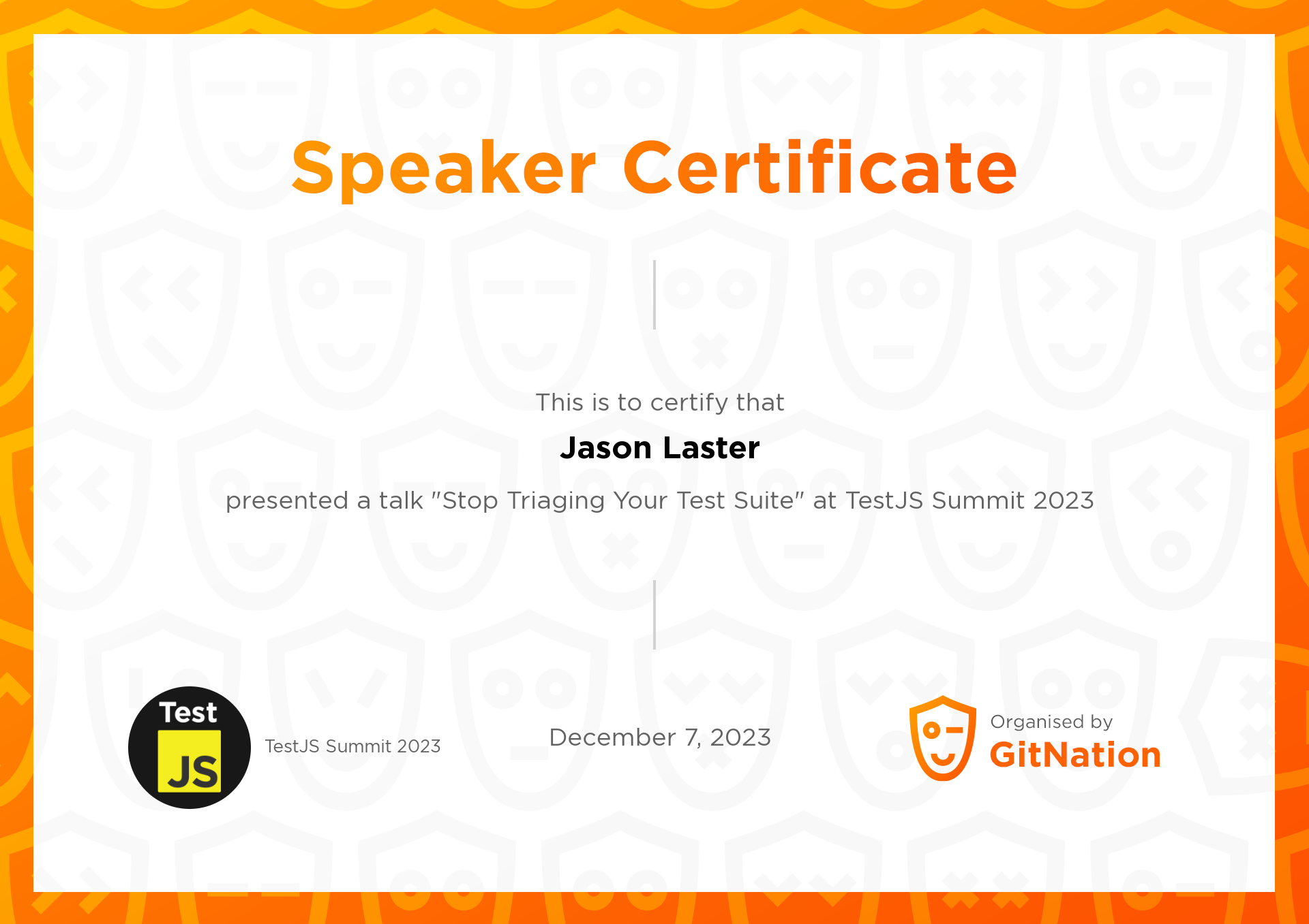 Jason Laster's Certificate from TestJS Summit