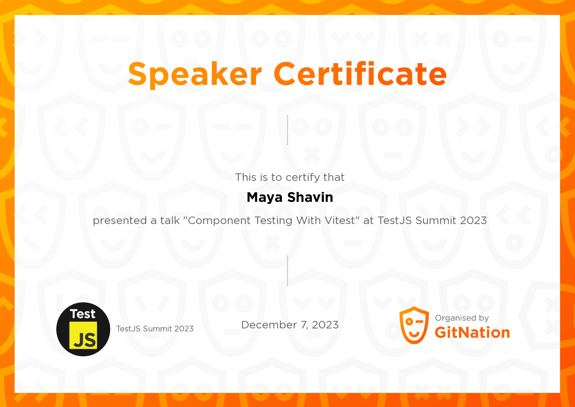 Maya Shavin's Certificate from TestJS Summit