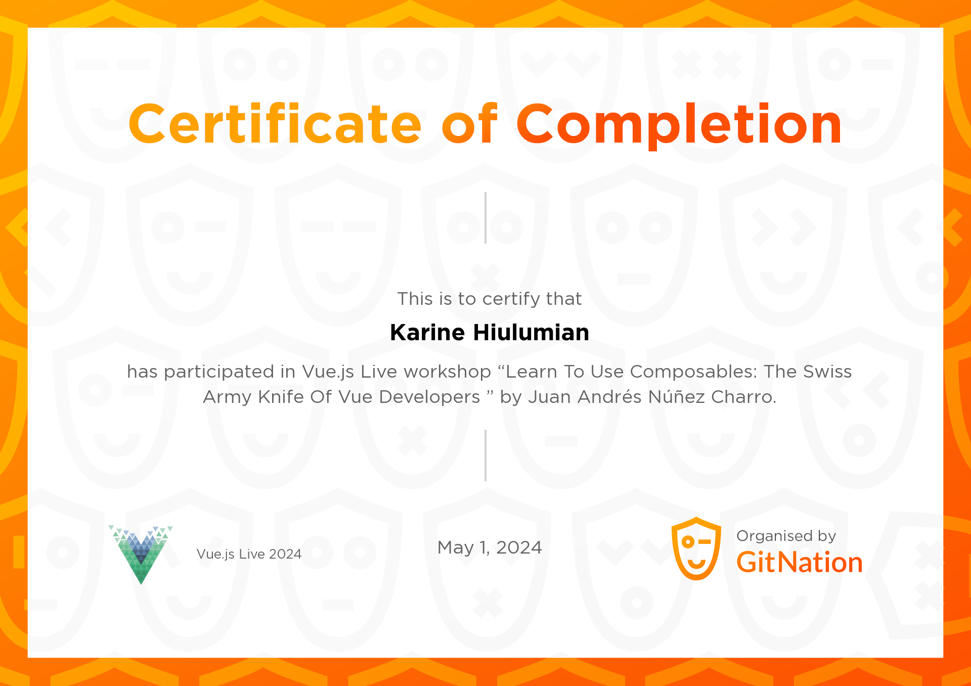 Karine Hiulumian's Certificate from Vue.js Live Conference