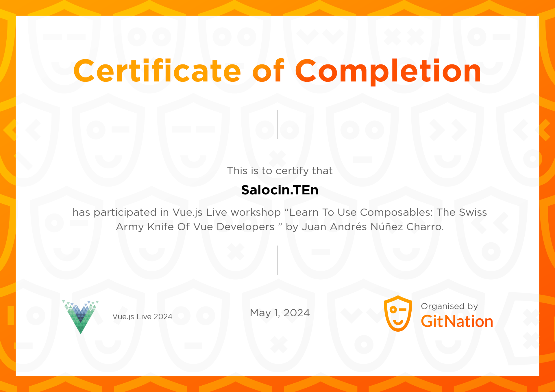Salocin.TEn's Certificate from Vue.js Live Conference