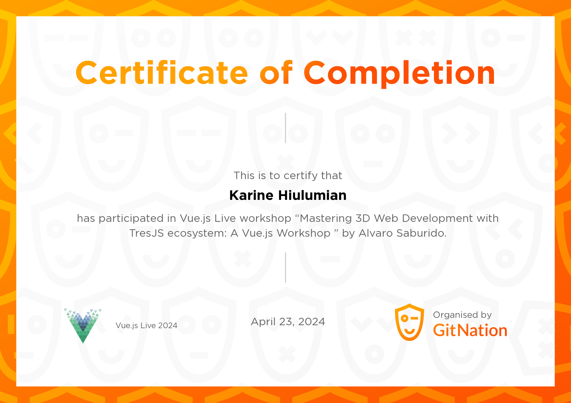 Karine Hiulumian's Certificate from Vue.js Live Conference