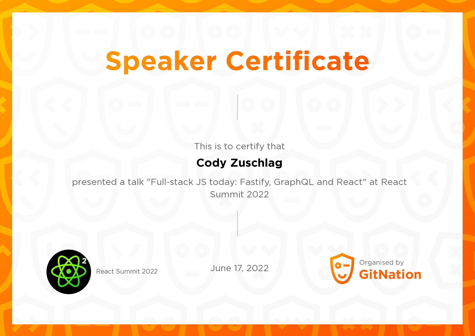 Cody Zuschlag's Certificate from React Summit