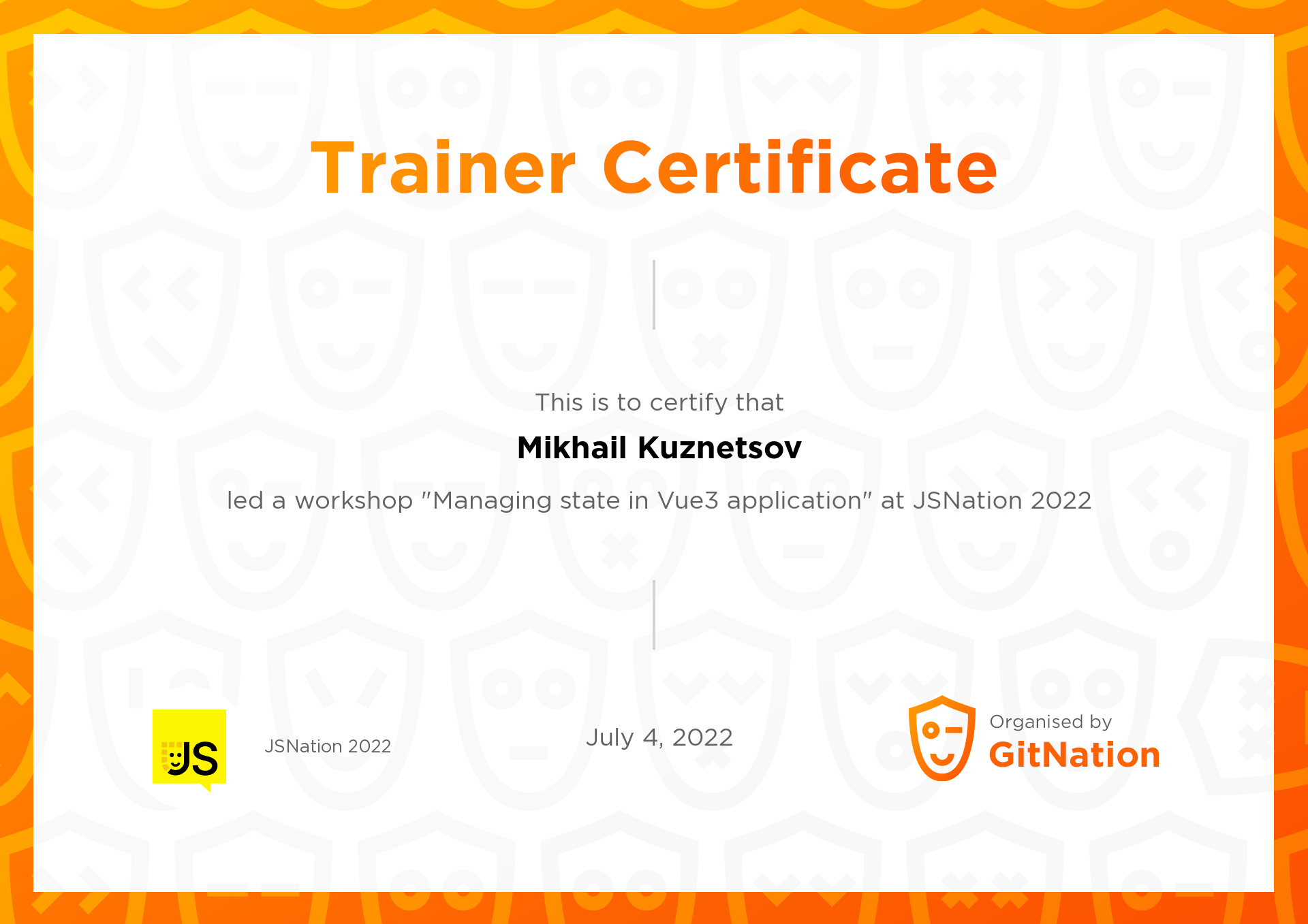 Mikhail Kuznetsov's Certificate from JS Nation