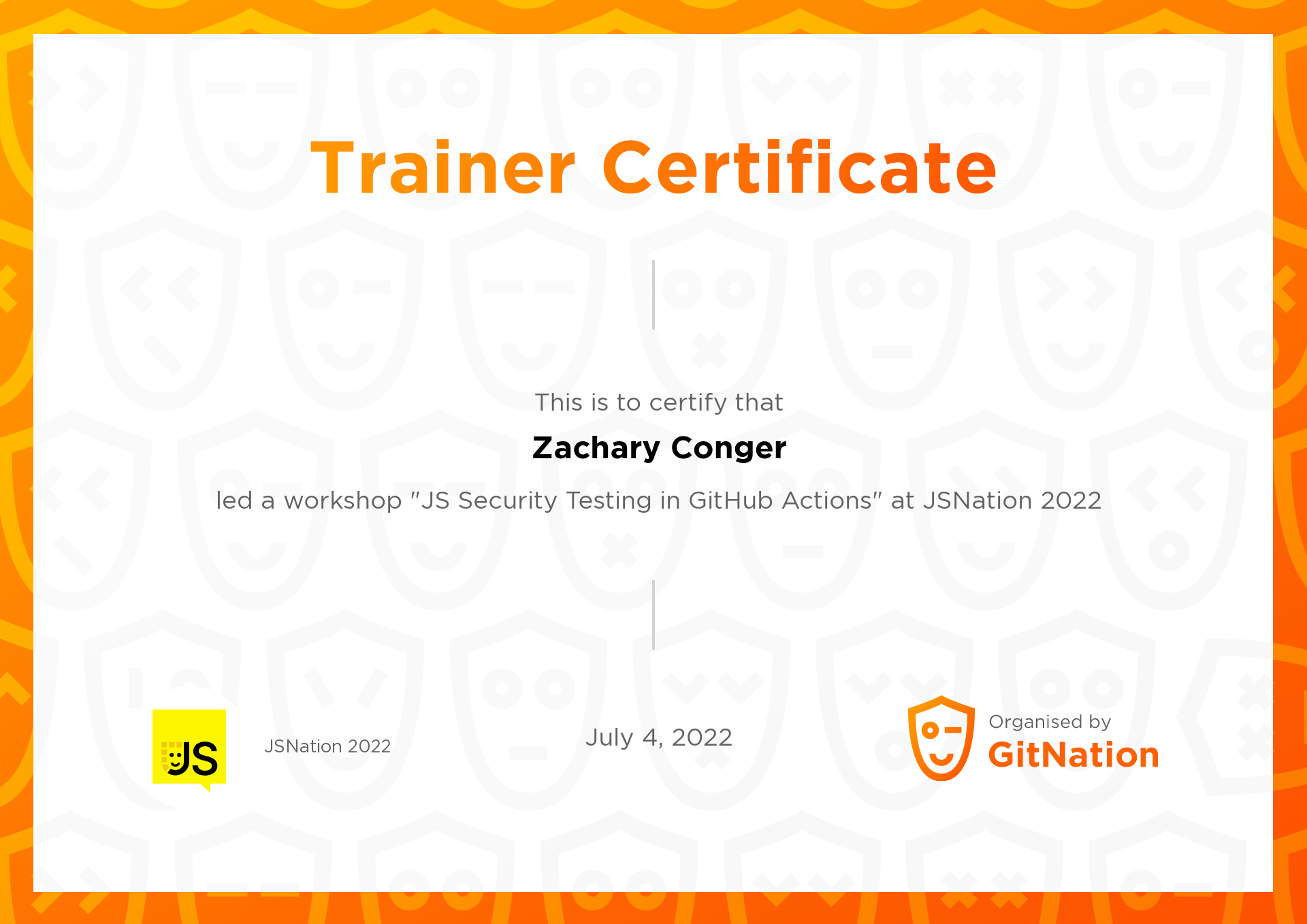 Zachary Conger's Certificate from JS Nation