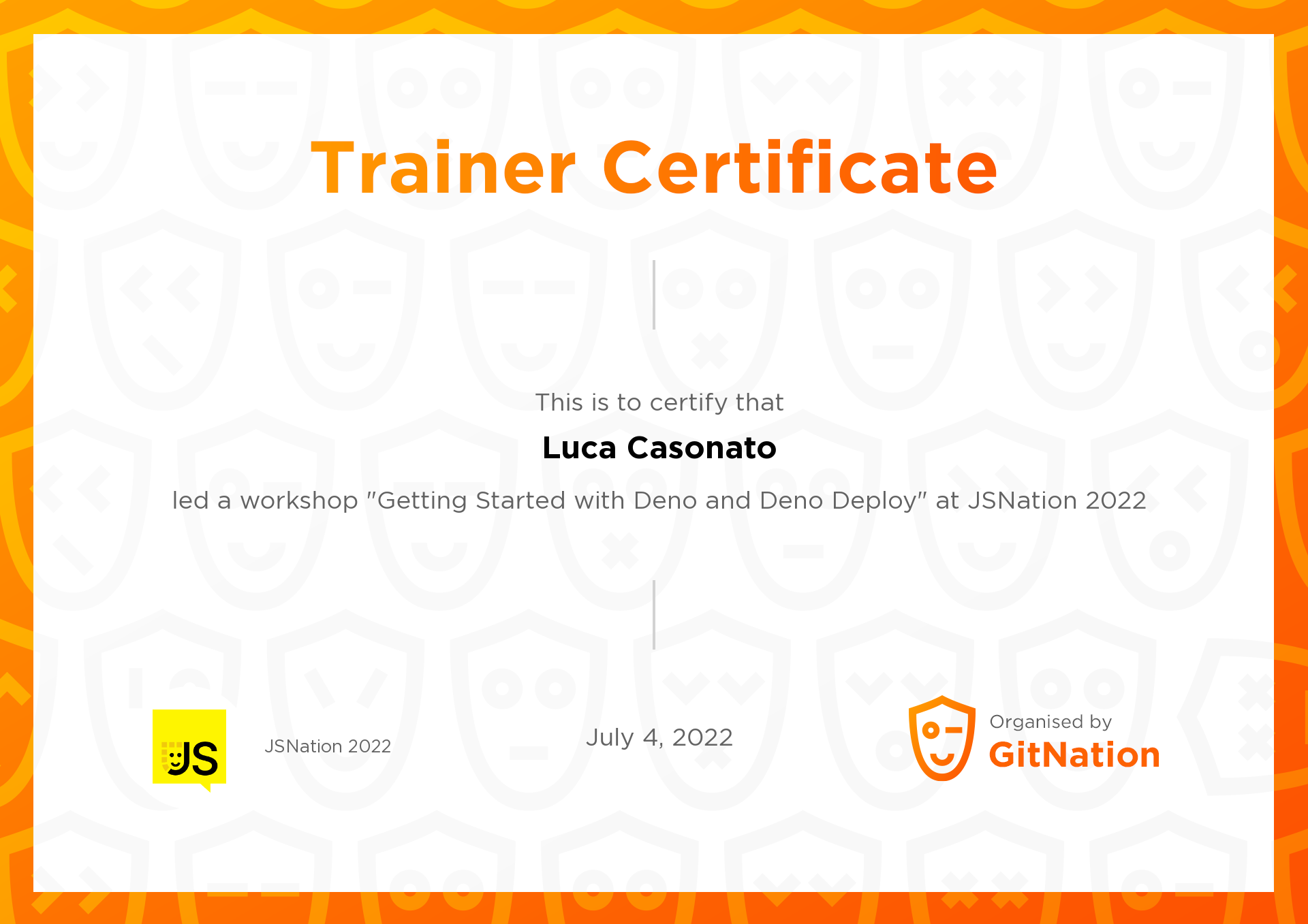 Luca Casonato's Certificate from JS Nation
