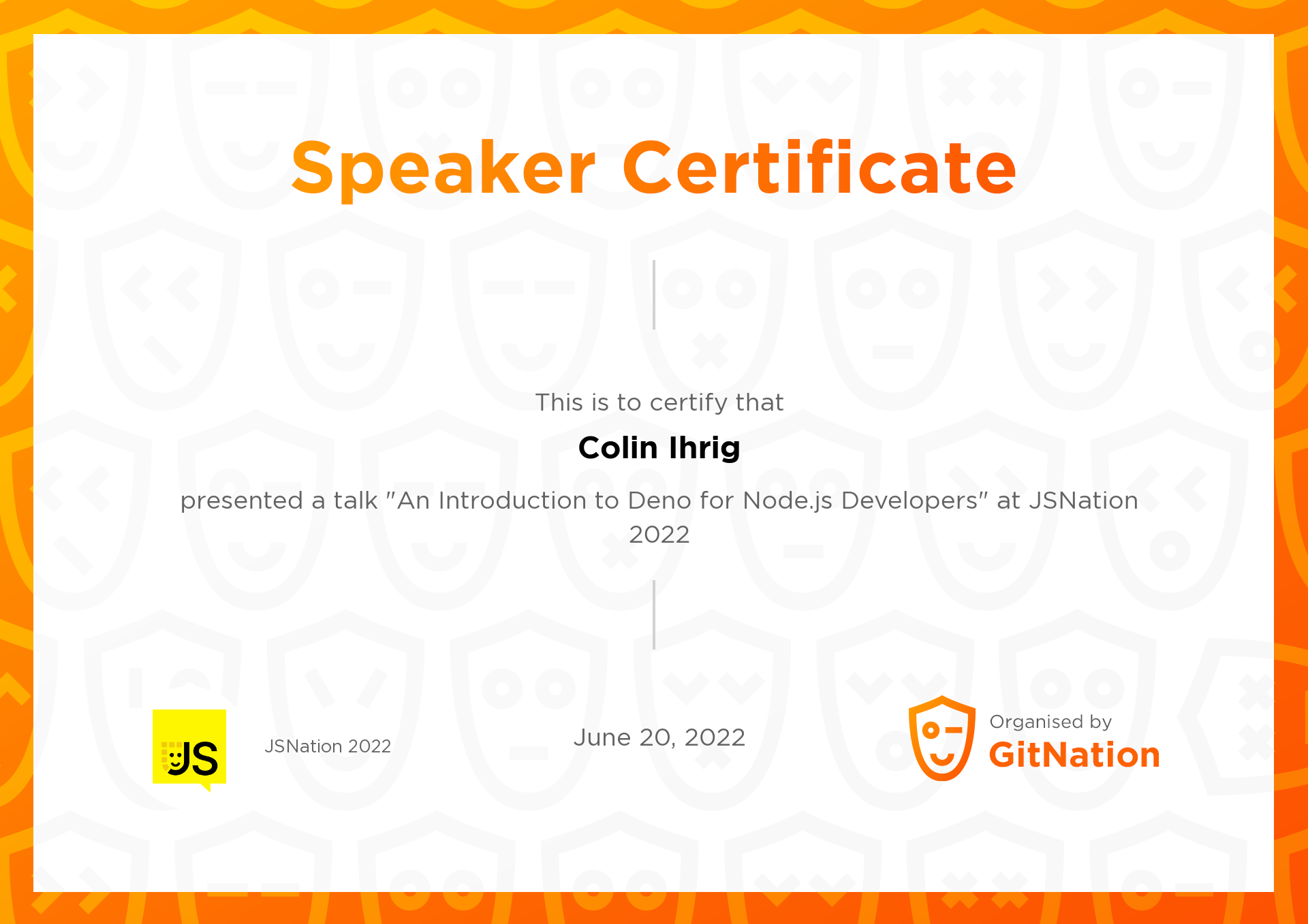 Colin Ihrig's Certificate from JS Nation