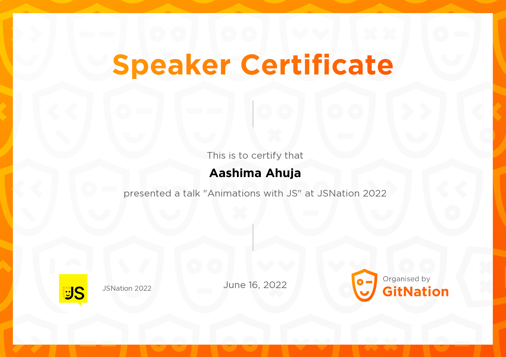 Aashima Ahuja's Certificate from JS Nation