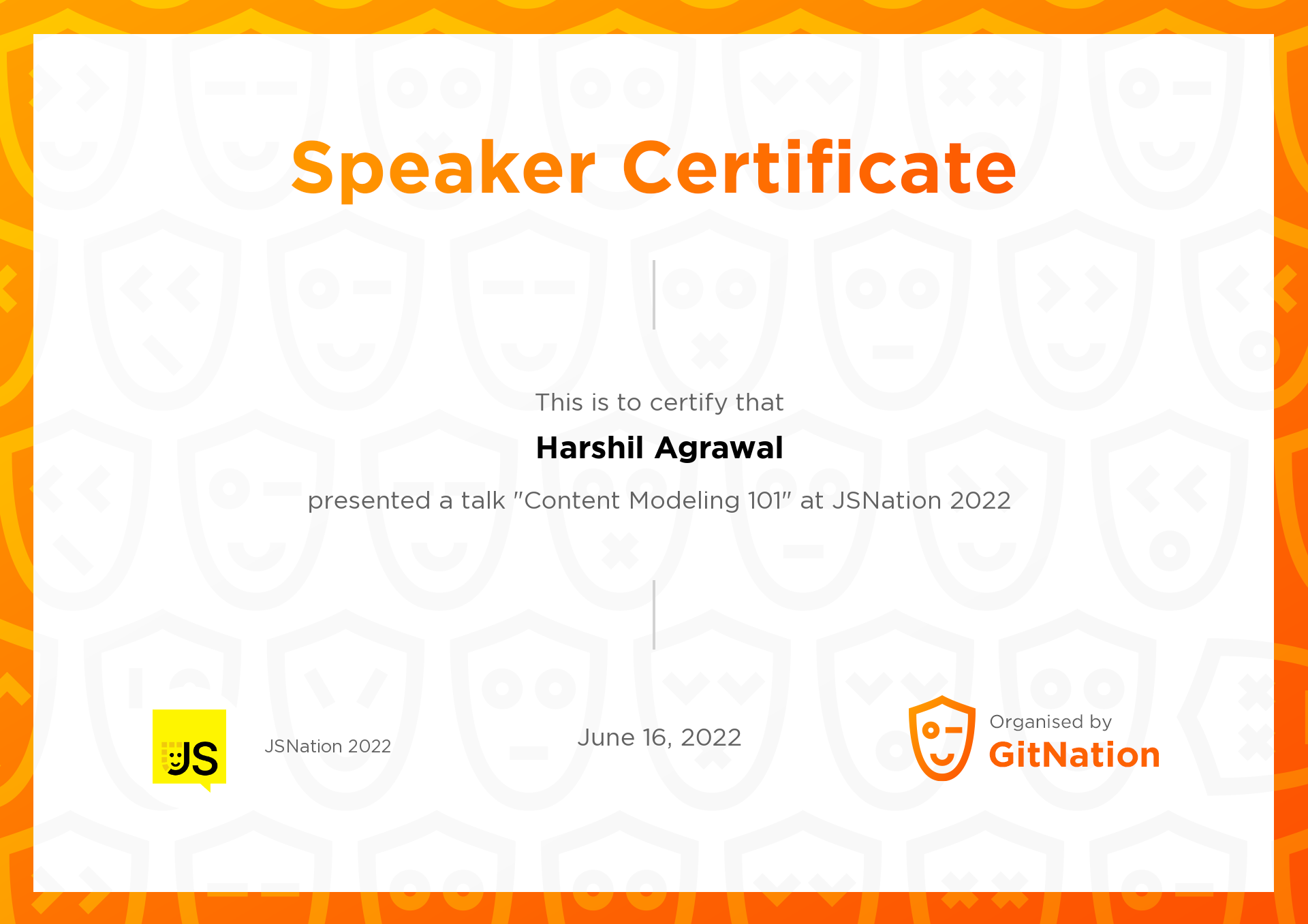 Harshil Agrawal's Certificate from JS Nation