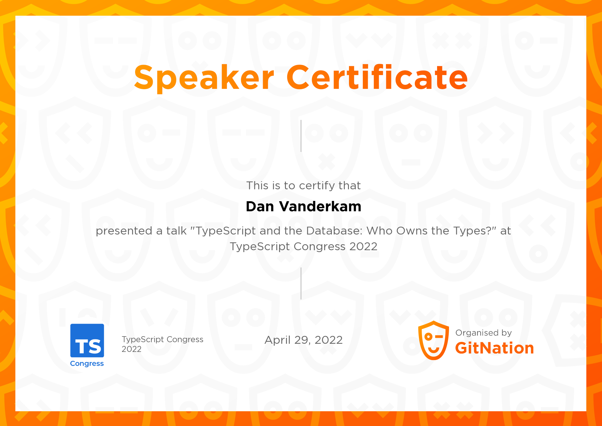 Dan Vanderkam's Certificate from TS Congress