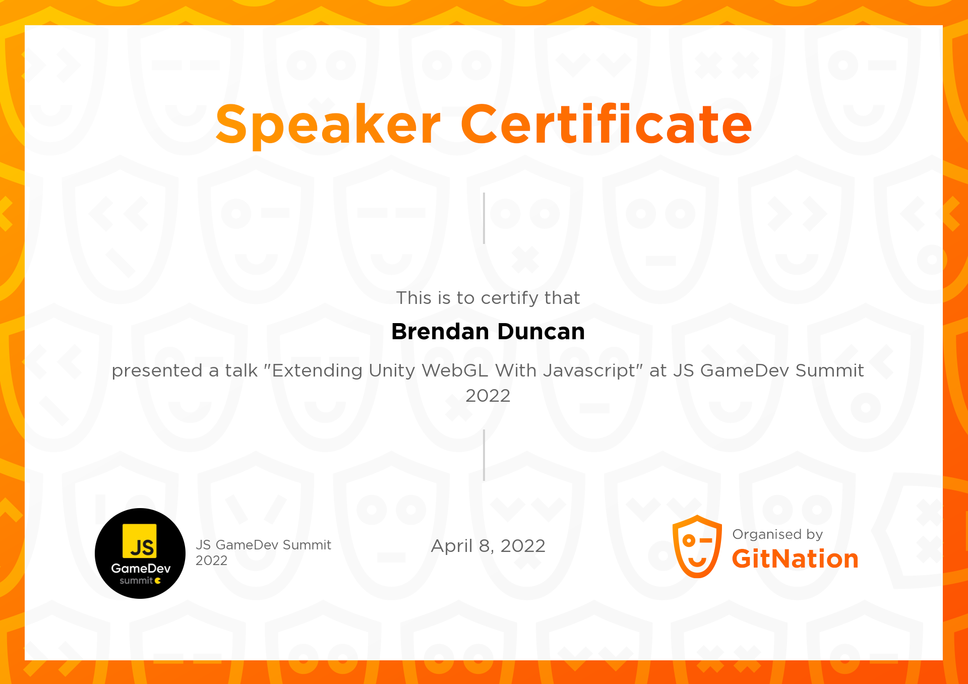 Brendan Duncan's Certificate from JS GameDev Summit