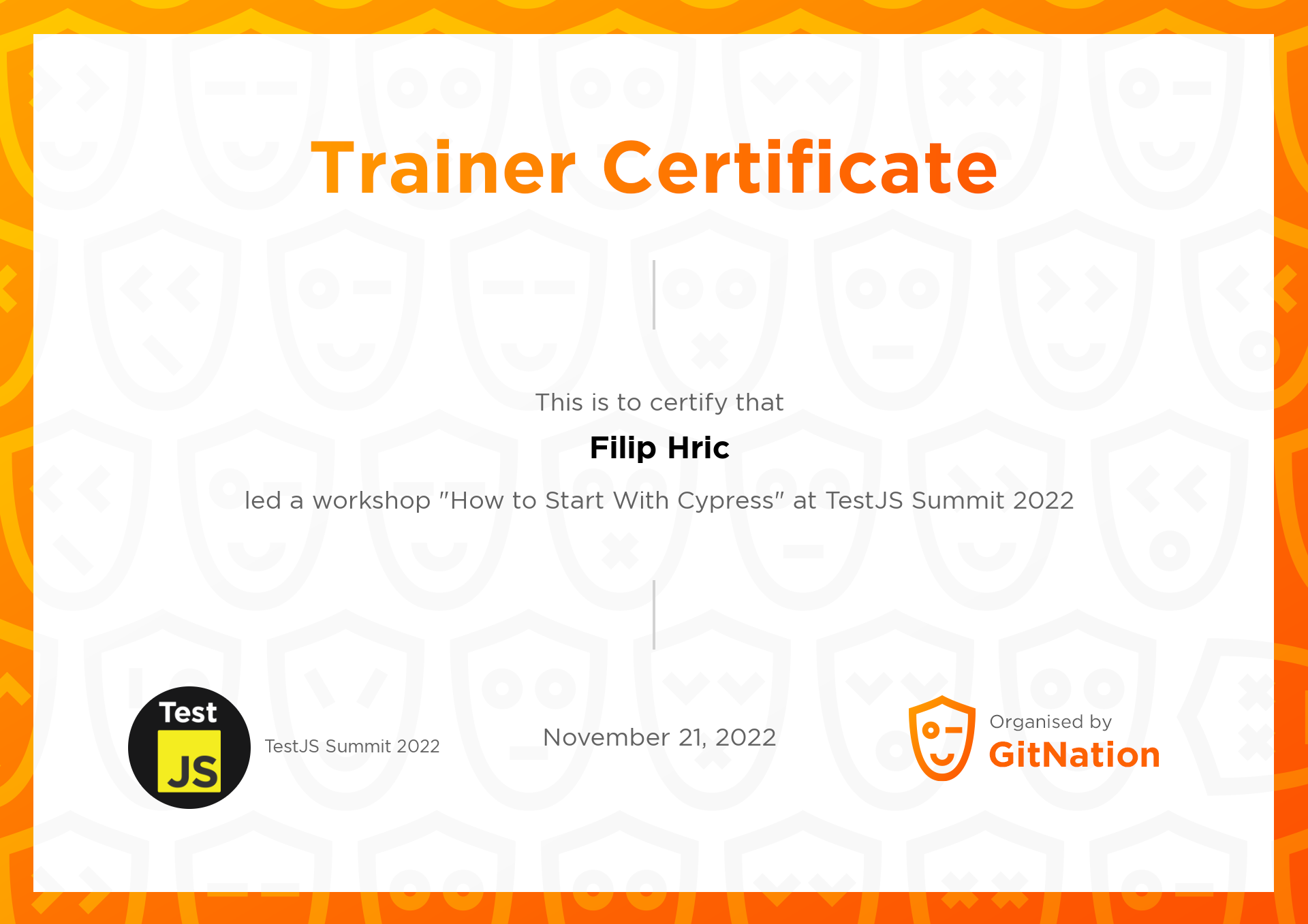 Filip Hric's Certificate from TestJS Summit