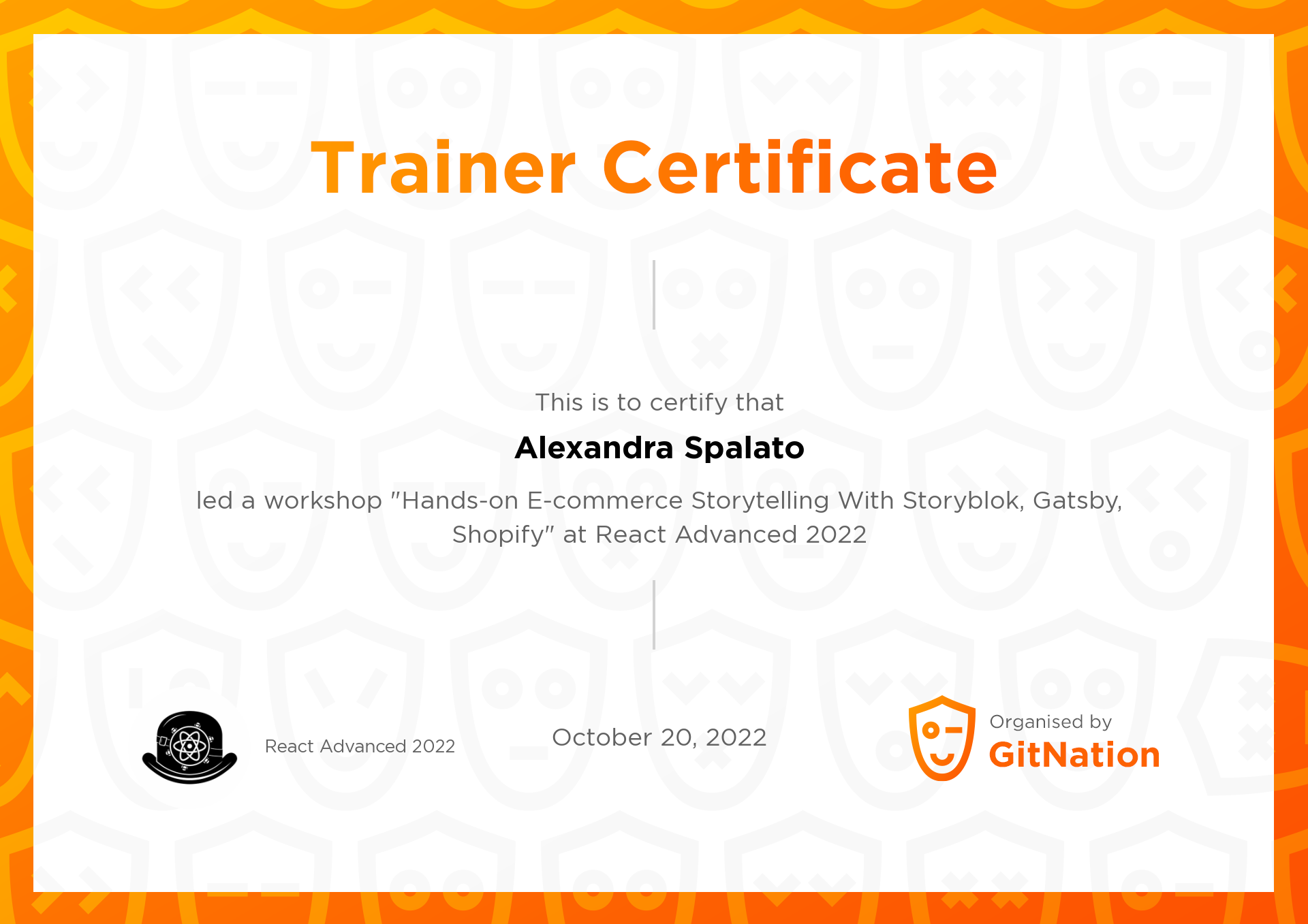 Alexandra Spalato's Certificate from React Advanced