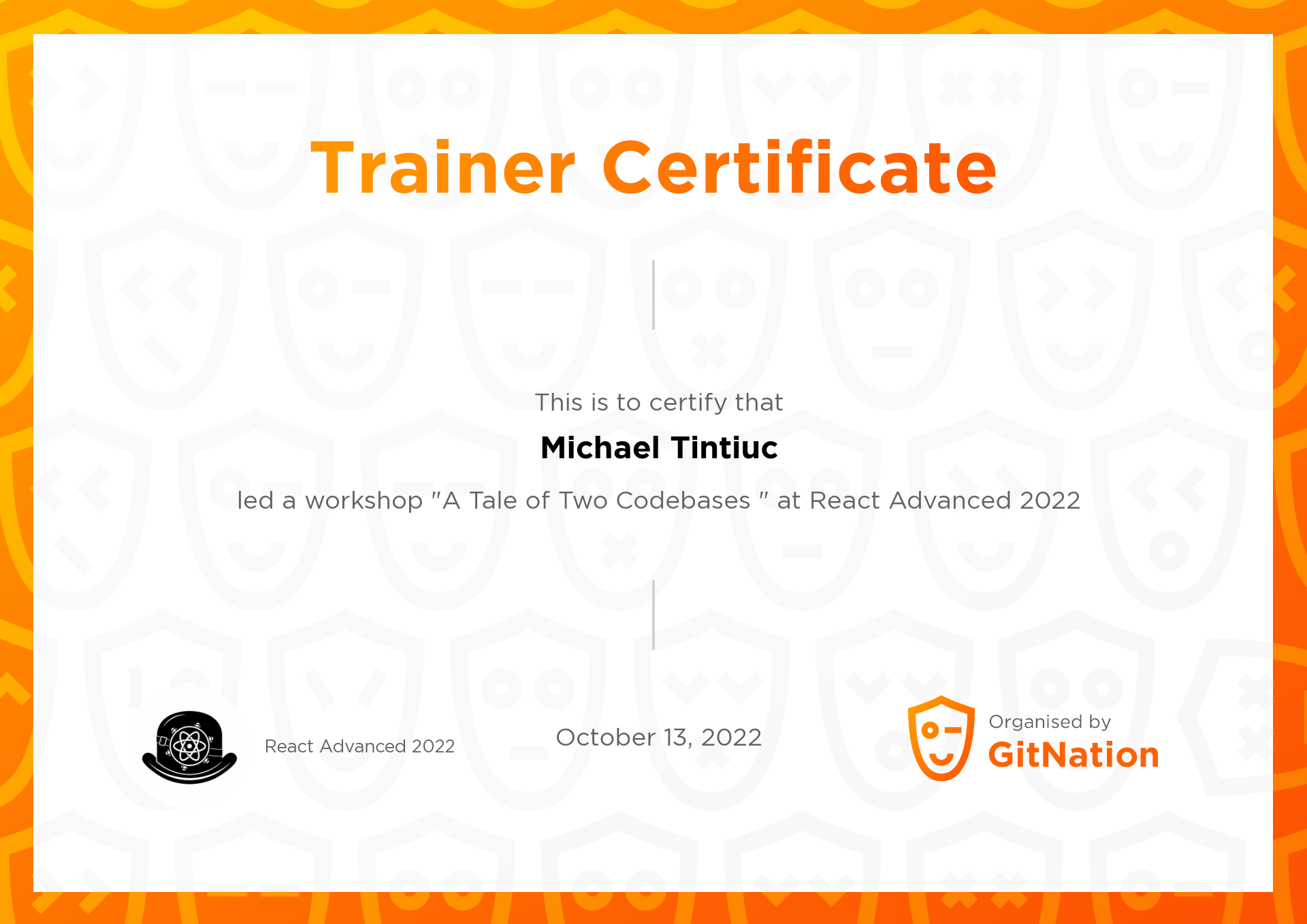 Michael Tintiuc's Certificate from React Advanced