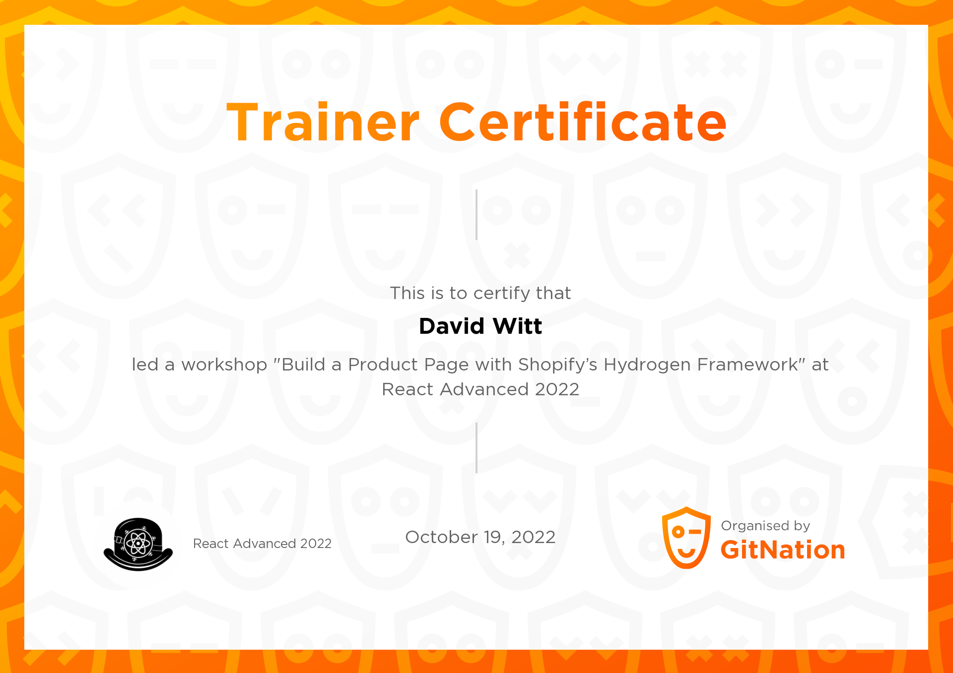 David Witt's Certificate from React Advanced